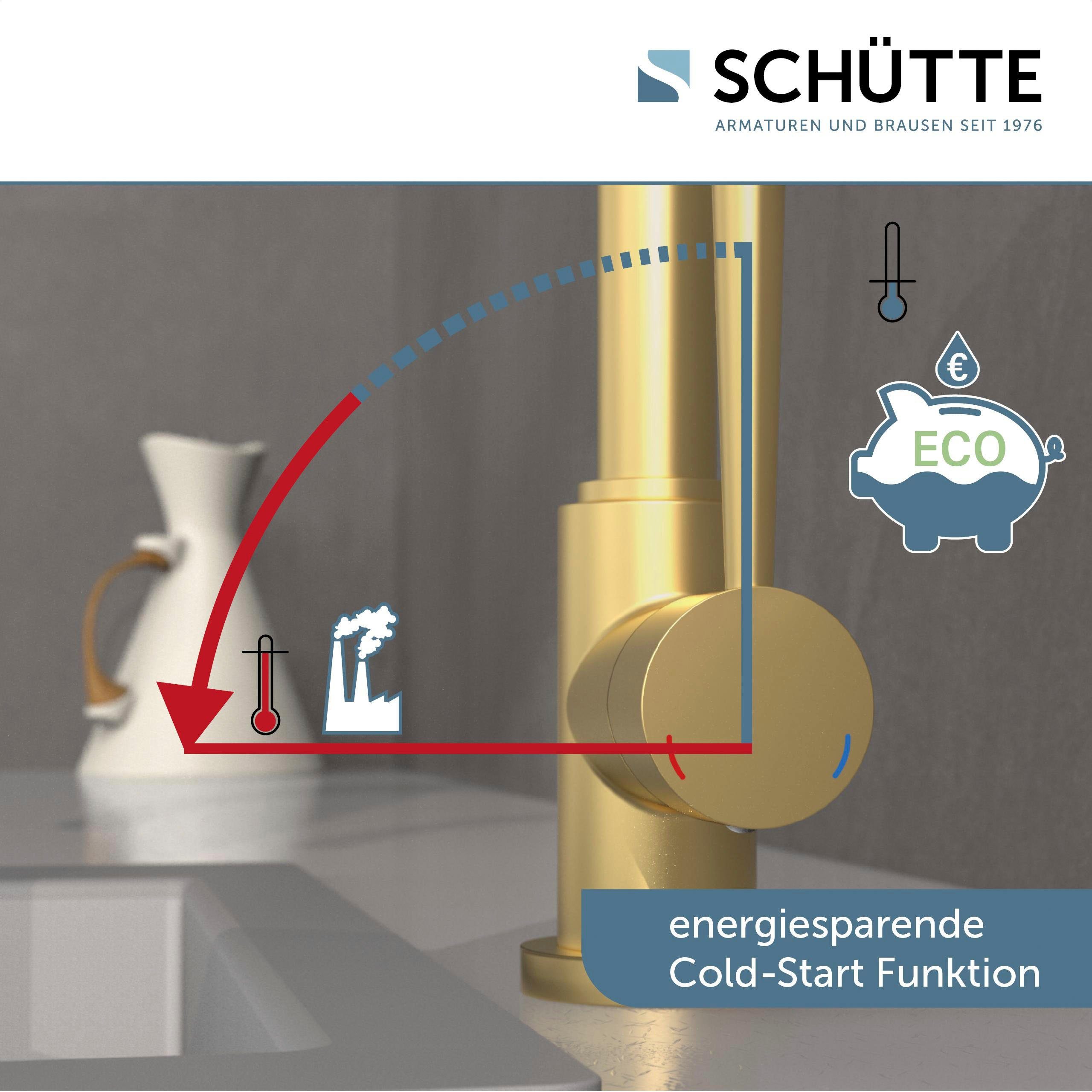 Mischbatterie, Hochdruck schwenkbare matt CORNWALL energiesparender Cold-Start, Schütte Spültischarmatur gold 360°