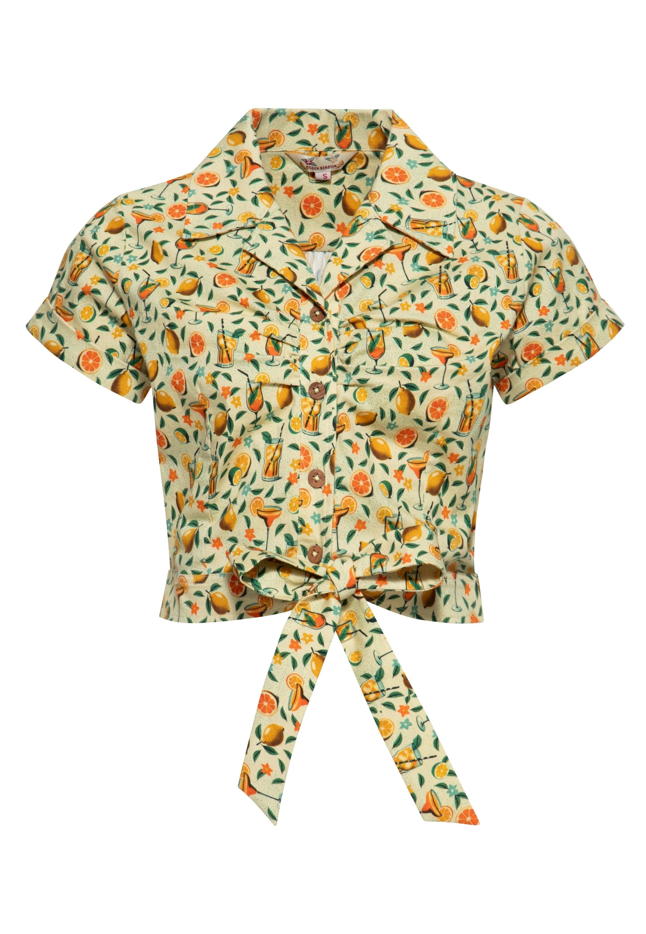 QueenKerosin Kurzarmbluse Citrus Cocktails mit Bindeschleife