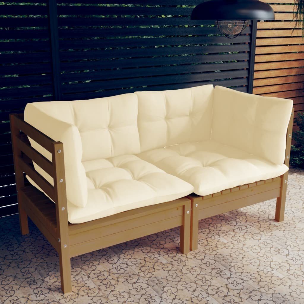 vidaXL Loungesofa 2-Sitzer-Gartensofa mit Kissen Creme Honigbraun Teile Kiefer, 1 Massivholz