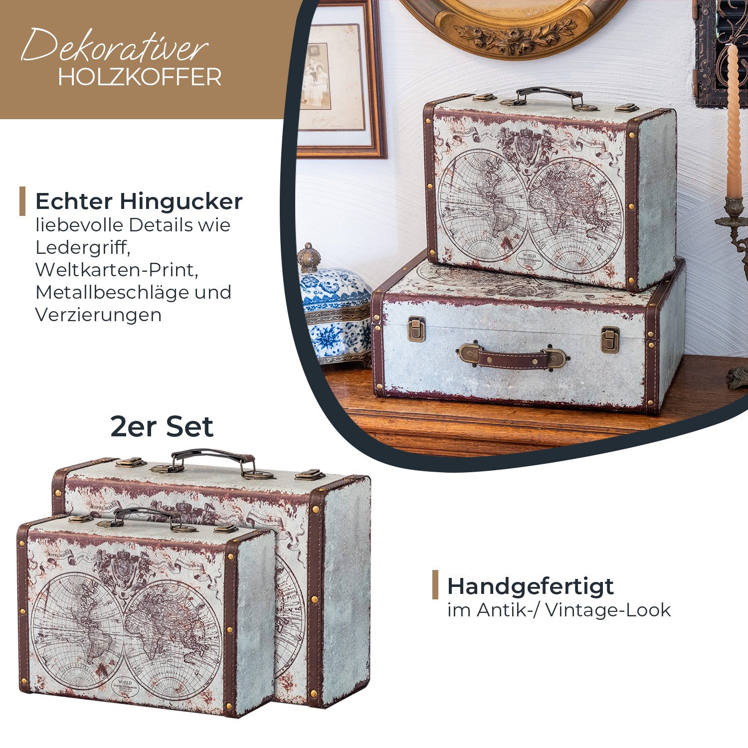 HMF Aufbewahrungsbox Handgefertigter Vintage Koffer aus Holz, Deko Koffer (versch. Größen), Geschenkkoffer im Weltkarten Design