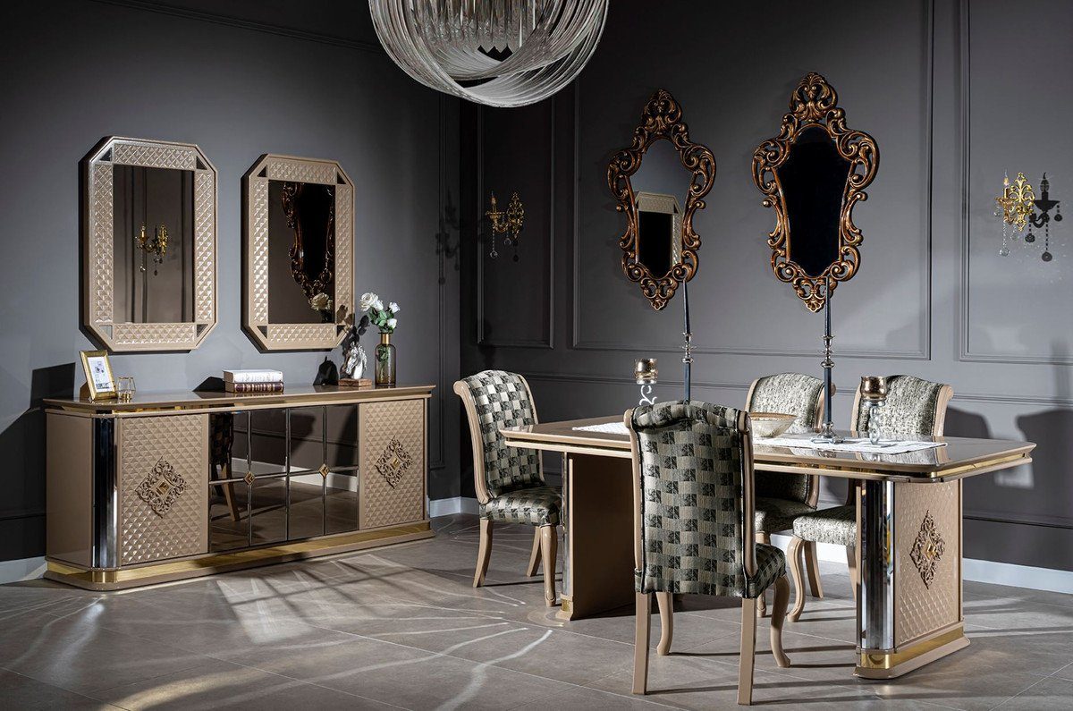Küchentisch Esszimmer - Gold Beige Art Esstisch - Art Massivholz Padrino Deco / Casa Esstisch Luxus Edler Deco Möbel
