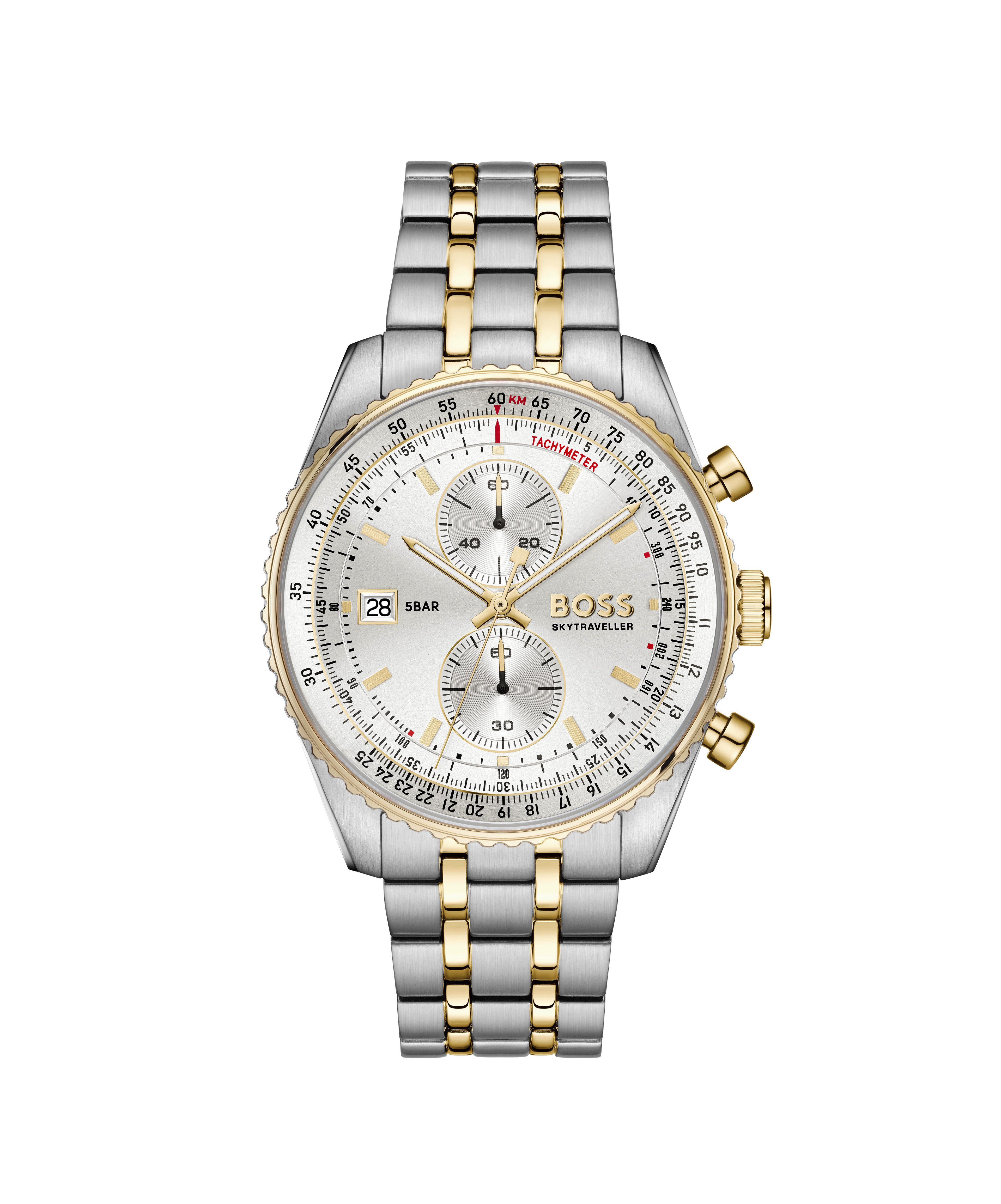 BOSS Chronograph SKYTRAVELLER 1514350, Quarzuhr, Armbanduhr, Herrenuhr, Edelstahlarmband, analog, Tag
