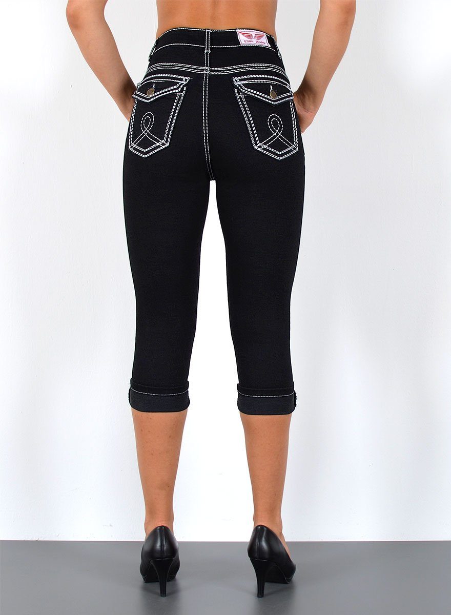 ESRA Caprijeans Damen 3/4 Capri Jeans-Hose mit Kontrast-Nähte bis Große Größen J563 Damen High Waist Capri Jeans Stretch Jeans dicke Naht bis Übergröße – Bild 5 von 5