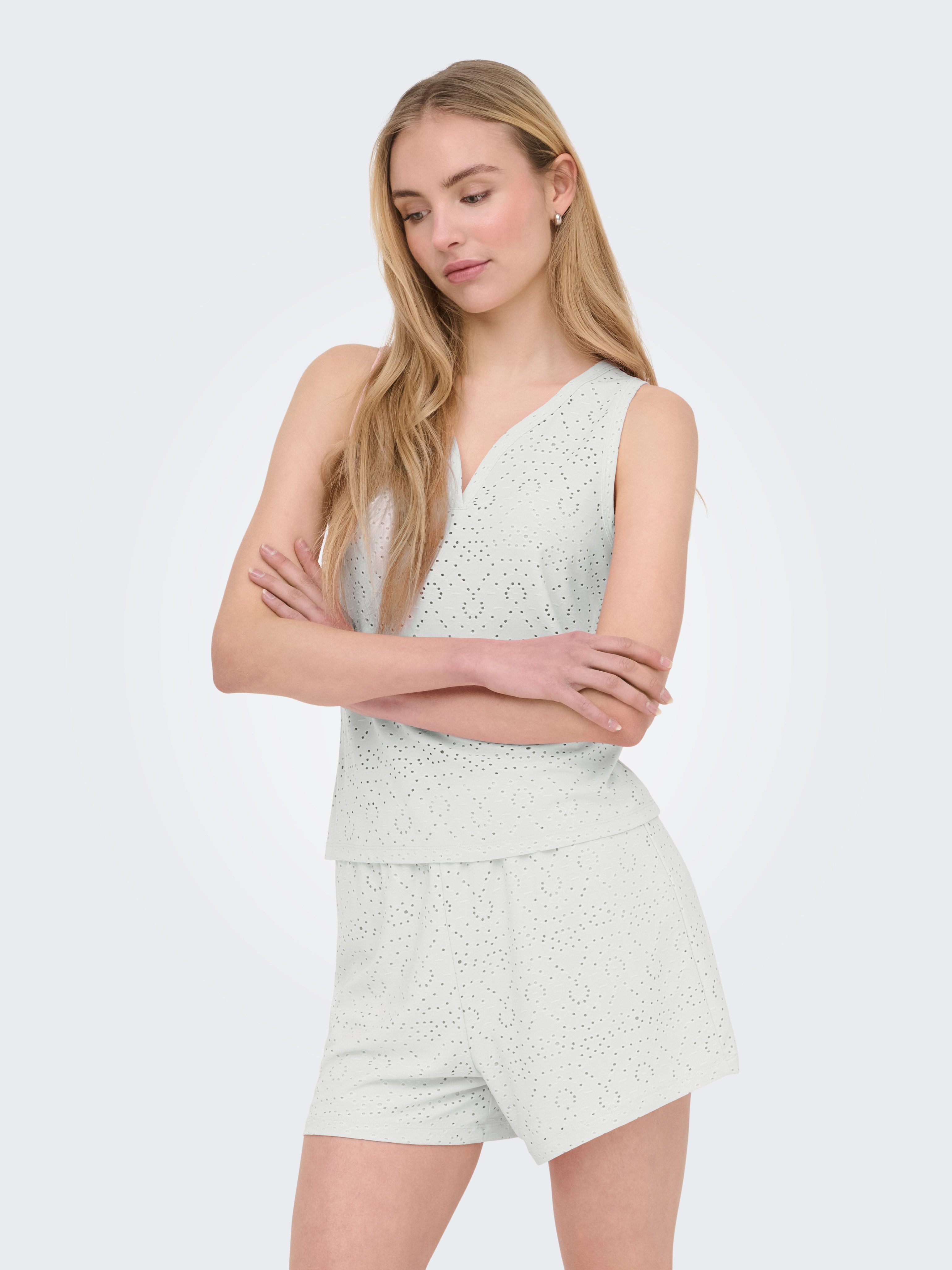 ONLY Spitzentop ONLSMILLA S/L V-NECK TOP JRS Materialmix, regular fit, V-Ausschnitt