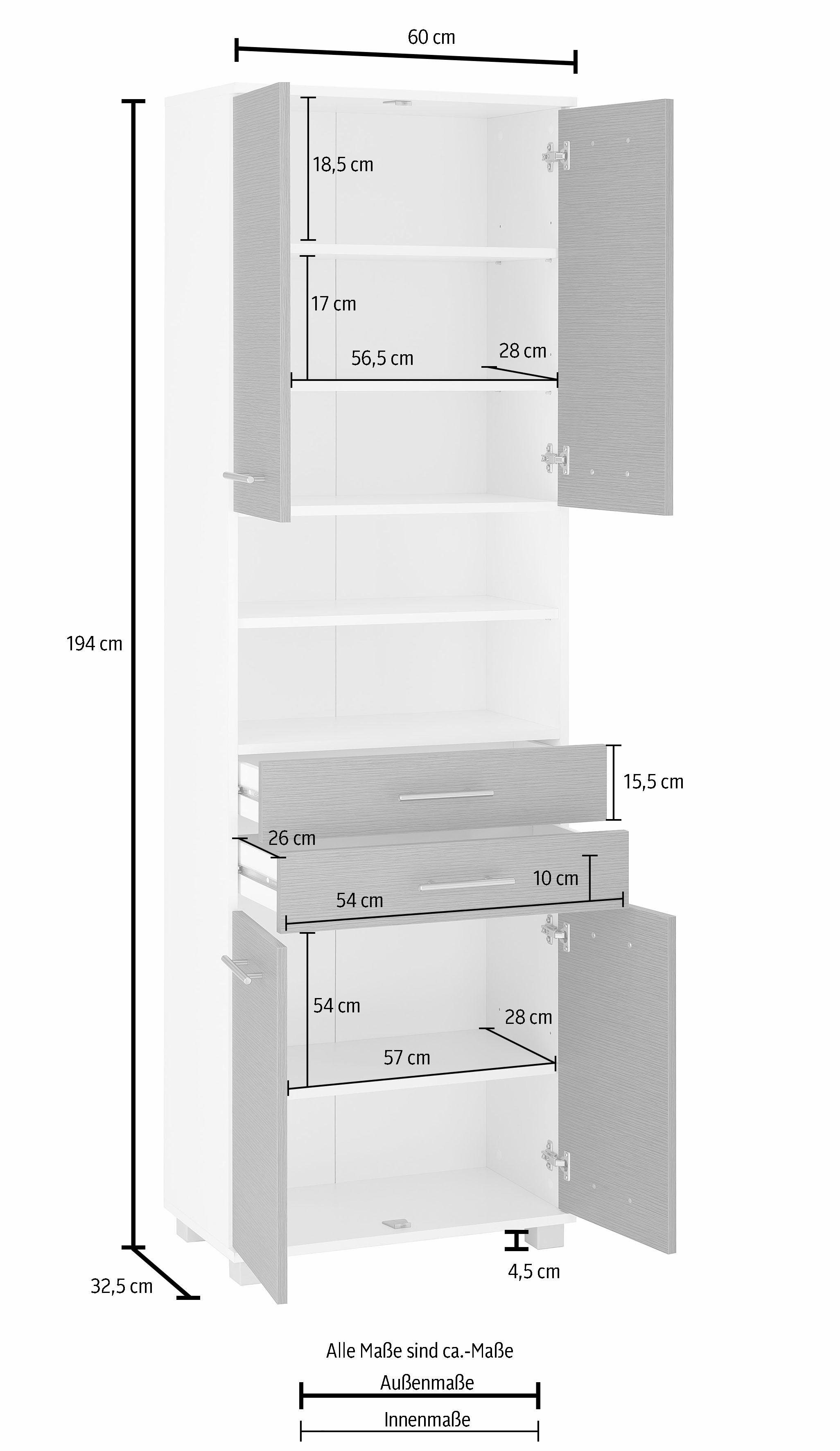 verstellbare Einlegeböden, cm, weiß/silberfichte Hochschrank Metallgriffe 60 Schildmeyer Palermo Breite
