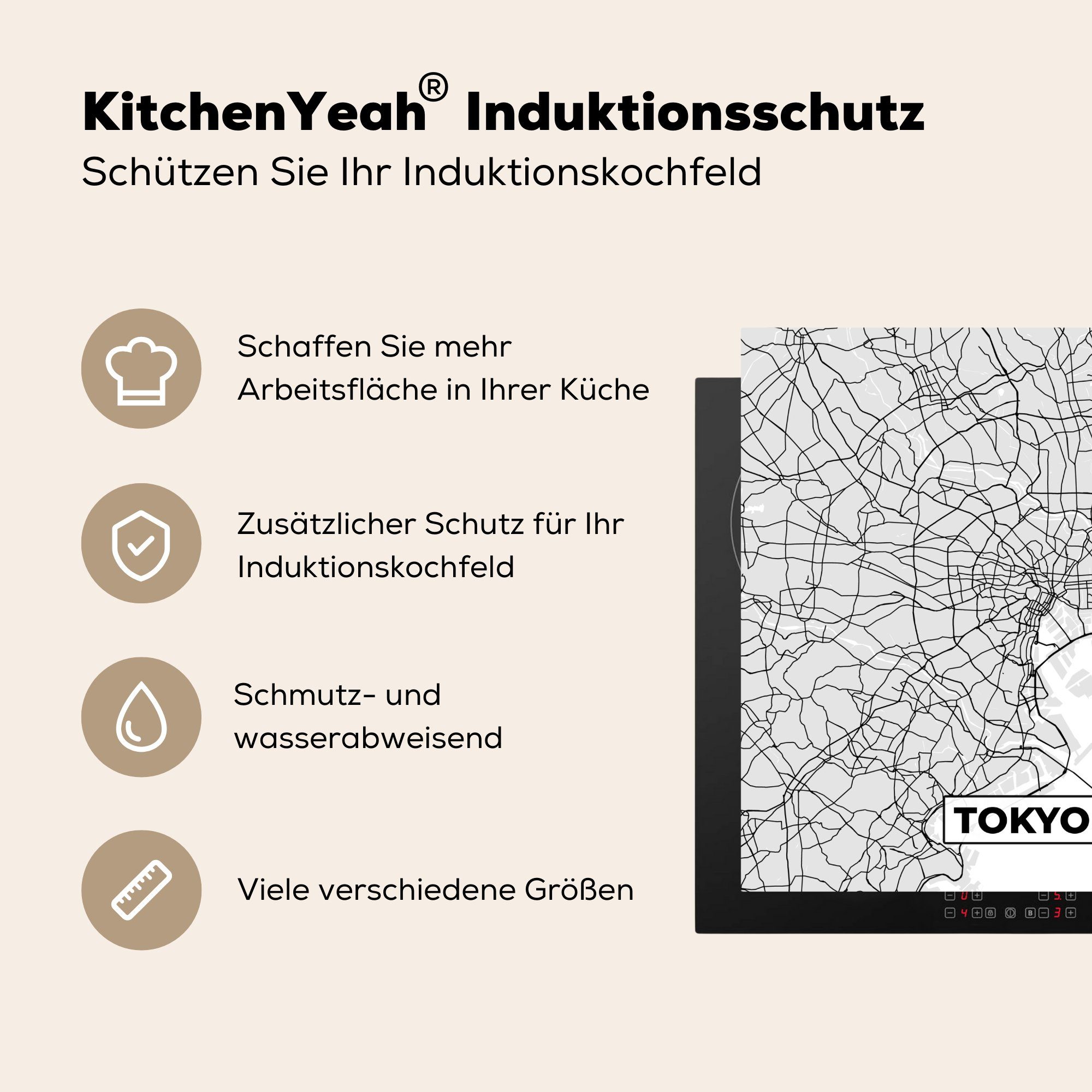 cm, - - weiß Schwarz küche Arbeitsplatte 78x78 Vinyl, MuchoWow Karte, - Herdblende-/Abdeckplatte (1 Ceranfeldabdeckung, Tokio tlg), Stadtplan für und