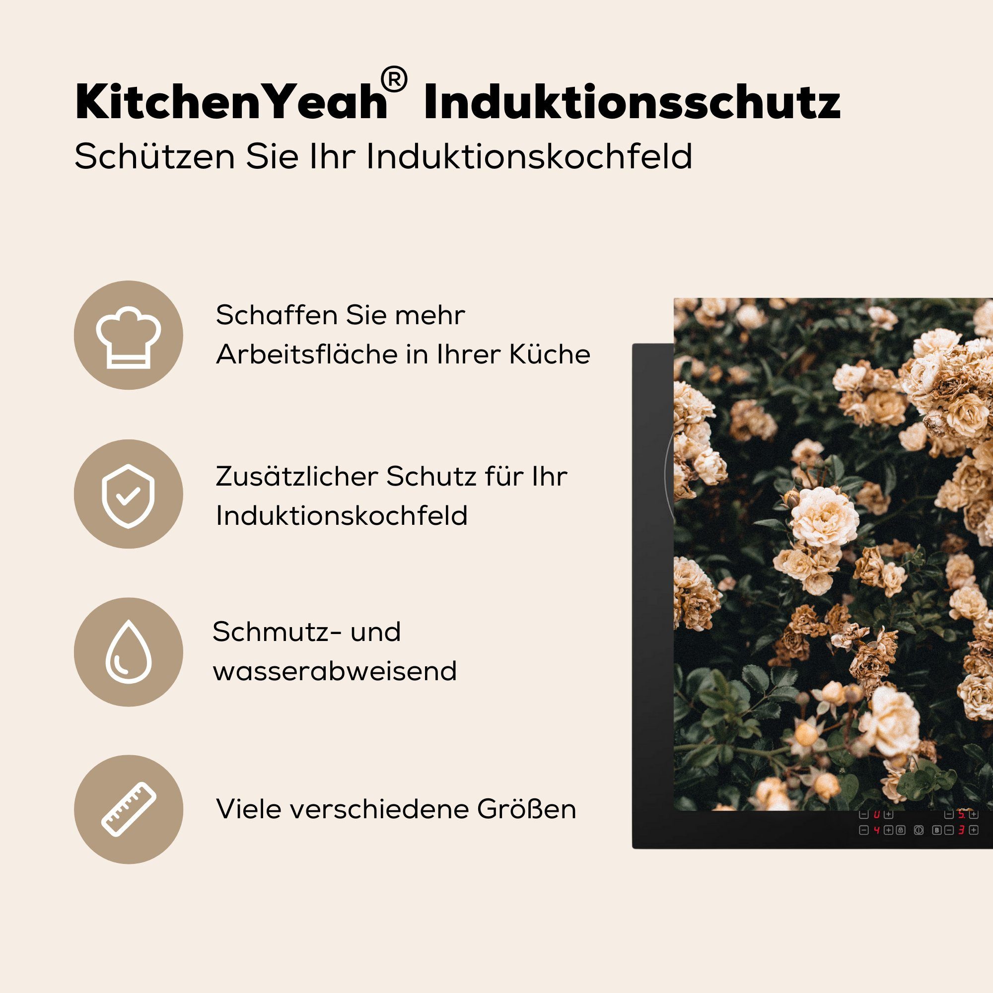Herdblende-/Abdeckplatte Rosen - Arbeitsplatte Ceranfeldabdeckung, Weiß, Vinyl, Strauch küche Braun - - 78x78 cm, (1 MuchoWow tlg), für