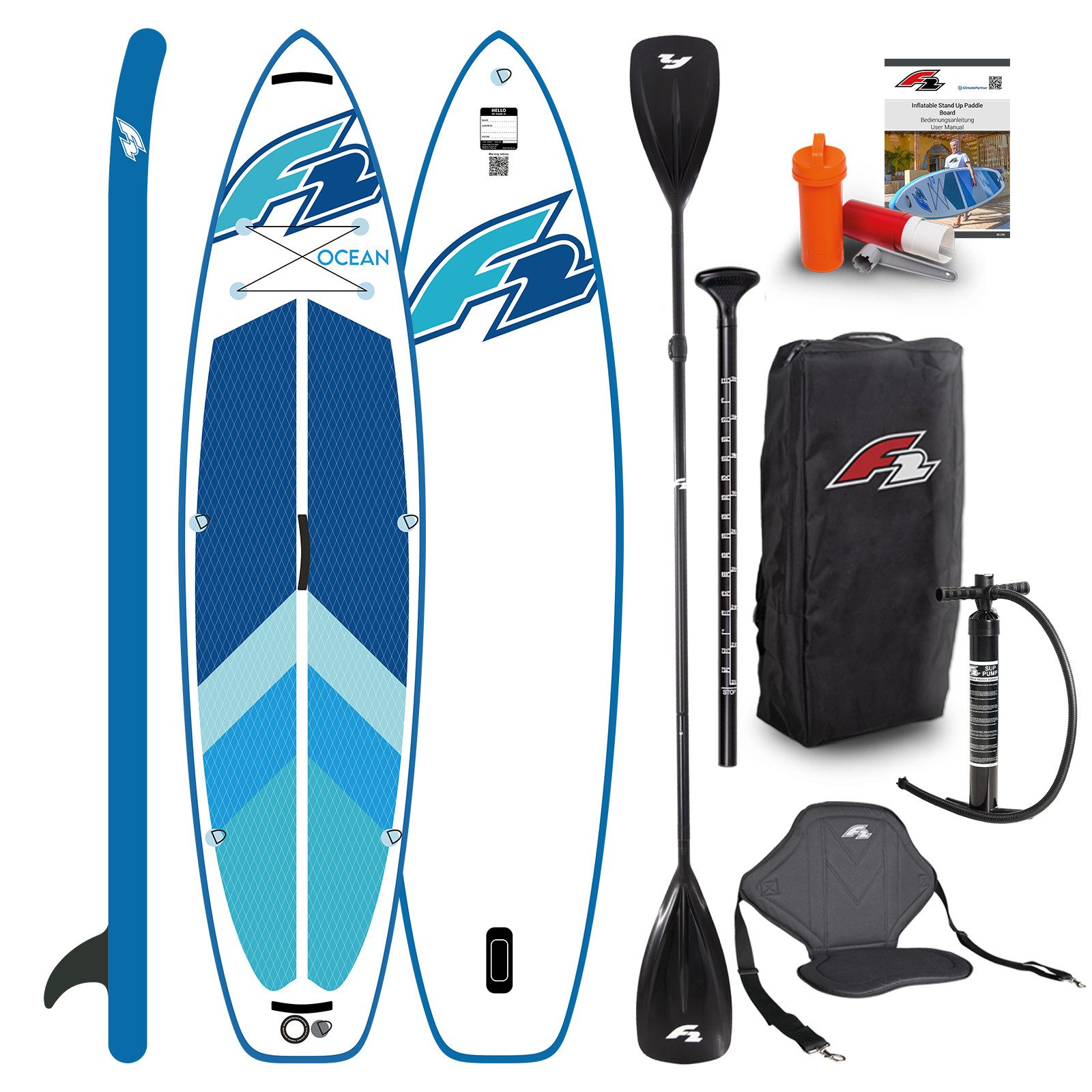 F2 SUP-Board F2 Marken Stand Up Paddle Board Ocean Blau SUP 10'5 320cm + Kajak Zube, Stand up paddle board