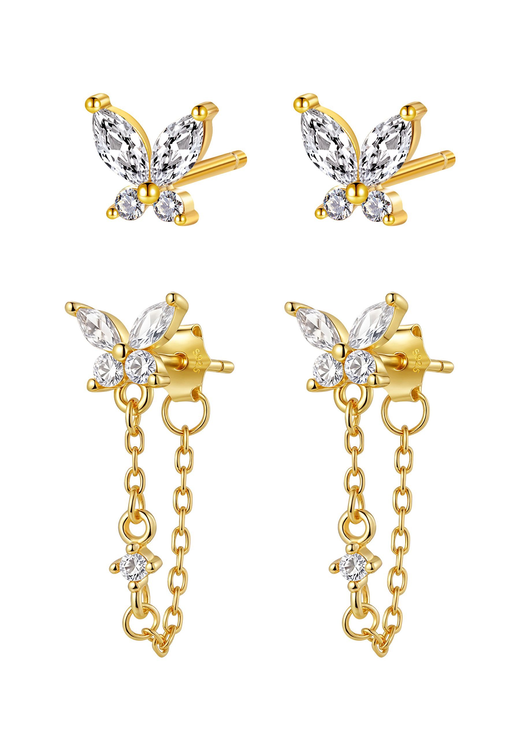 Hey Happiness Ohrstecker-Set Schmetterling Eleganz, 4er Set Ohrringe mit Kettchen & Kristall, Filigrane 925 Silber Ohrringe Damen, Ohrstecker & Kettenohrringe