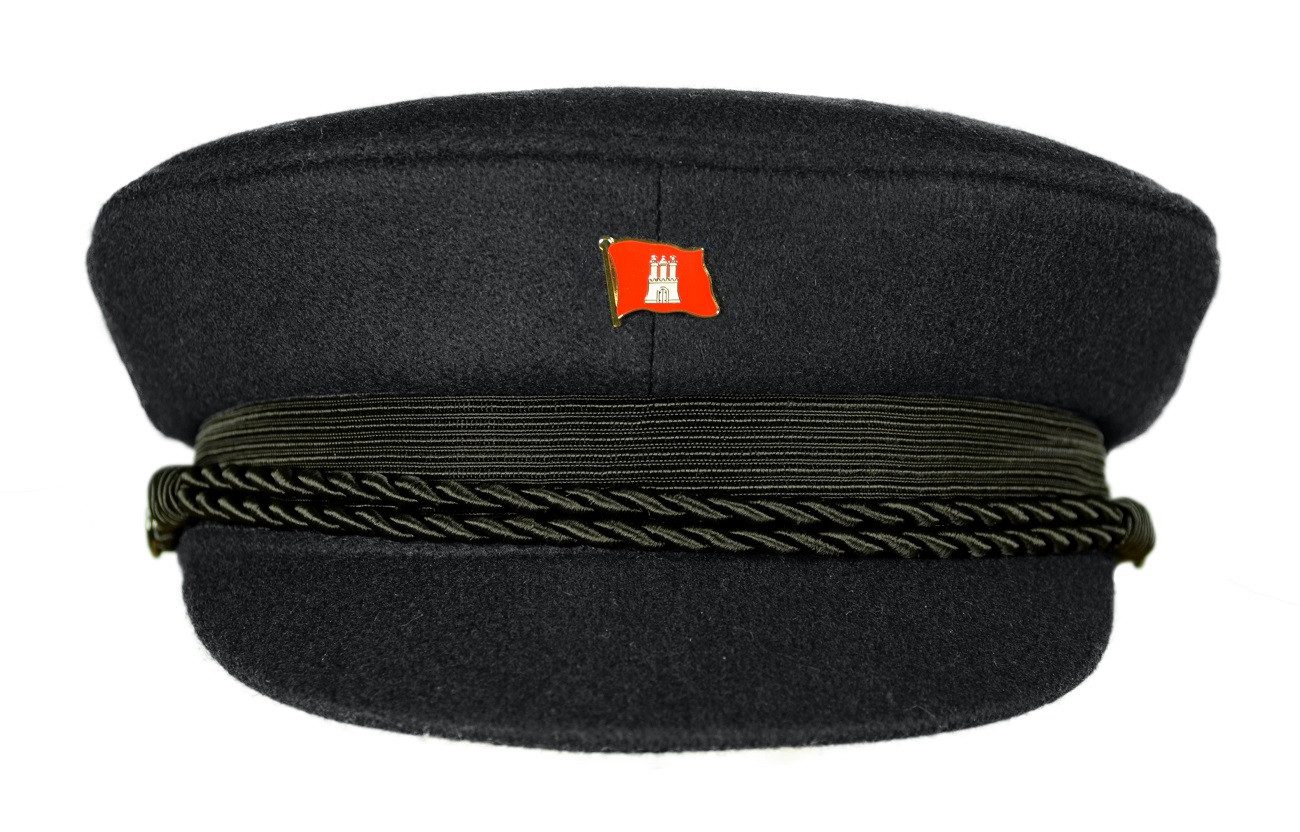 MADSea Schiebermütze Elbsegler schwarz Pin Hamburg Flagge maritime Kapitänsmütze mit Krone, Zierband, Kordel und Pin