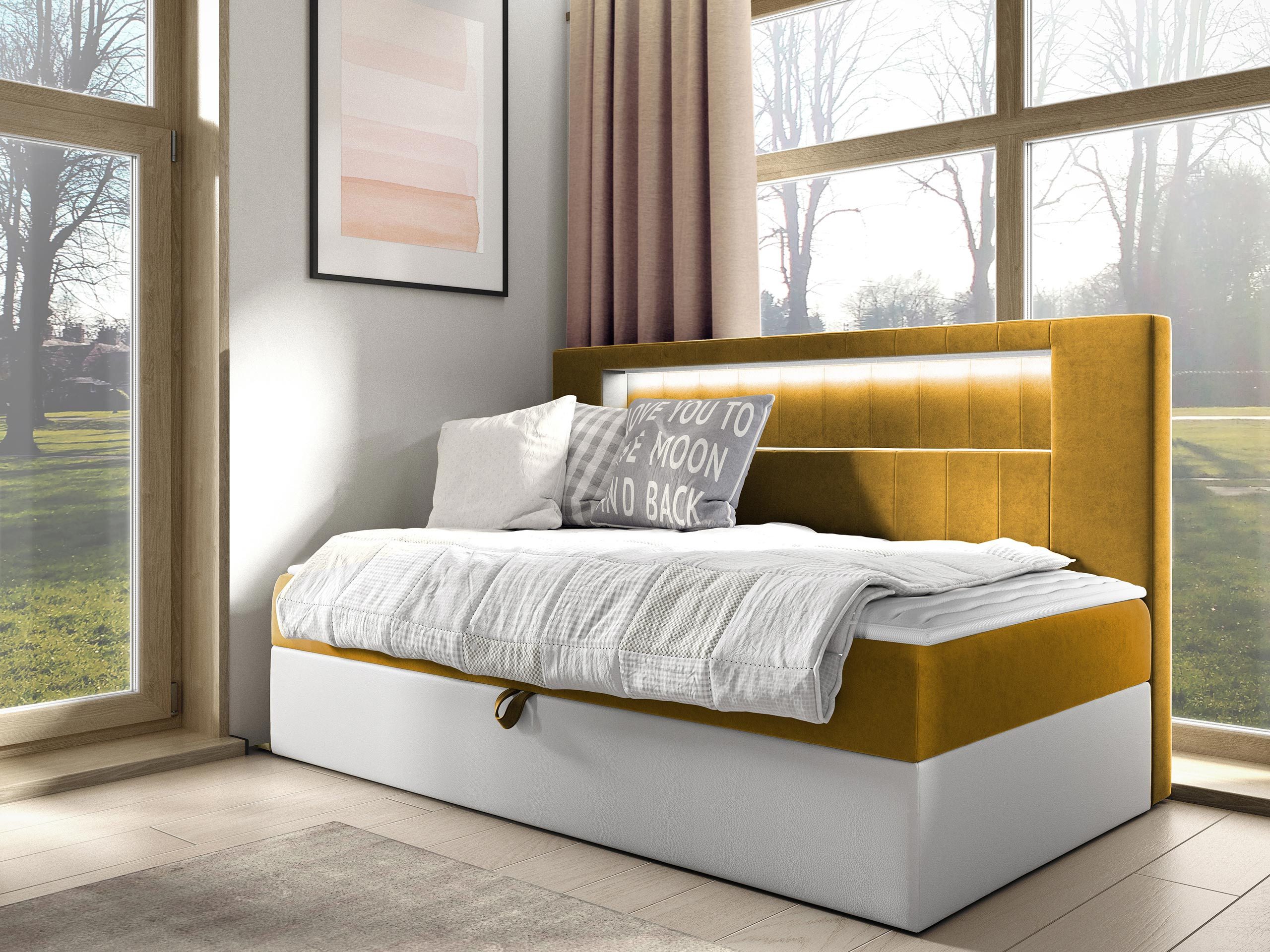 MIRJAN24 Boxspringbett Gold Junior 2 (mit Bettkasten und Beleuchtung), mit Bonellfederkern, Härtegrad - H3