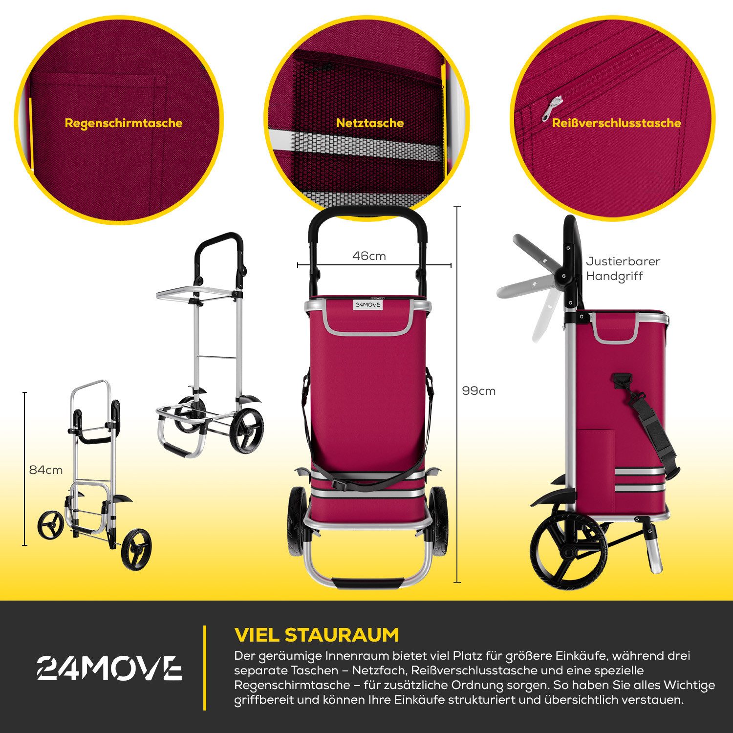 24Move Einkaufstrolley Einkaufstrolley mit 55L, 3in1 Sackkarre und Tasche, klappbar, Handwagen inkl. Kühlfach