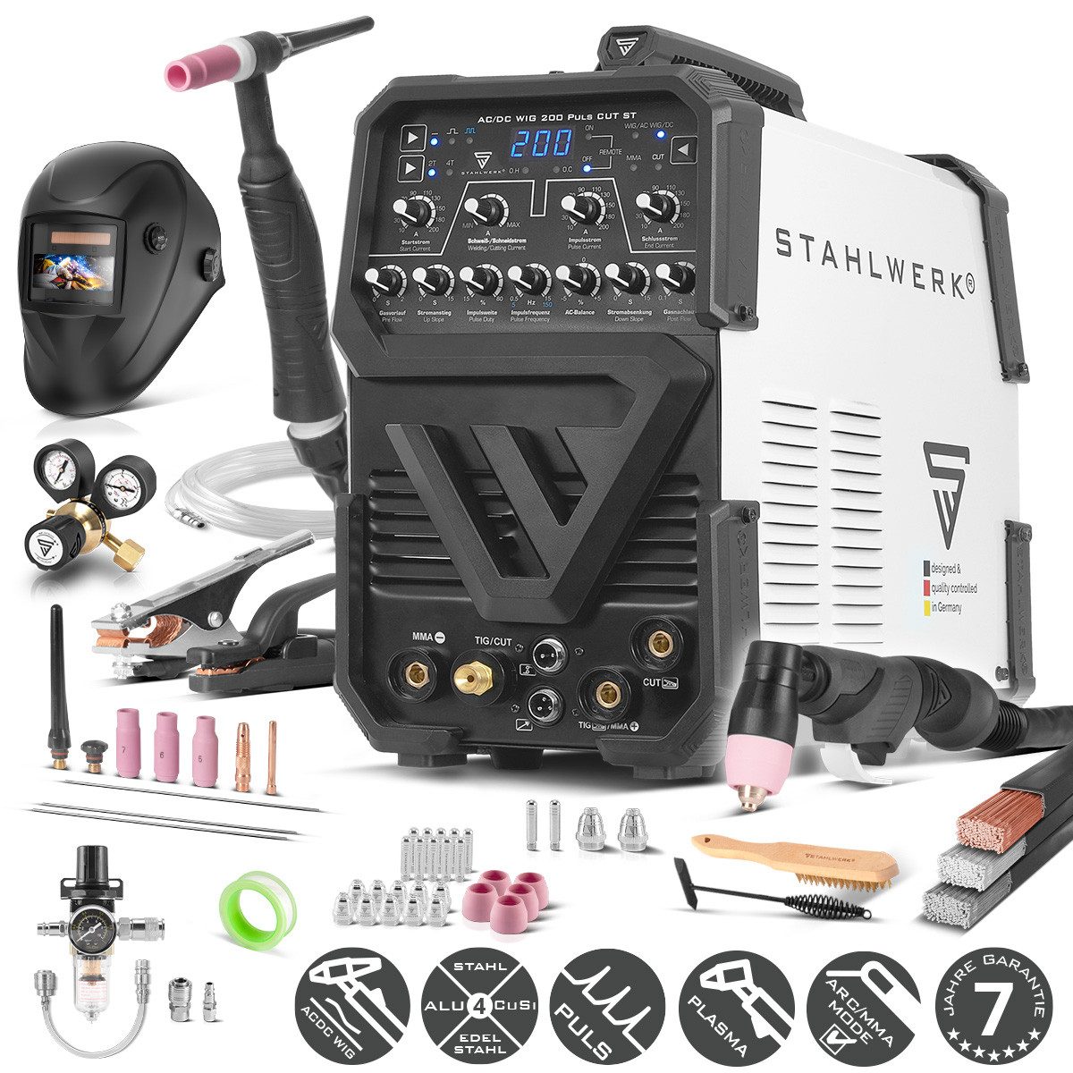 STAHLWERK Inverterschweißgerät AC/DC WIG 200 Puls CUT ST Vollausstattung, 10 - 200 A, Packung}, 20-tlg., Vollausstattung, Schweißgerät mit 200 A WIG & MMA, Alu & Dünnblech geeignet, Kombigerät