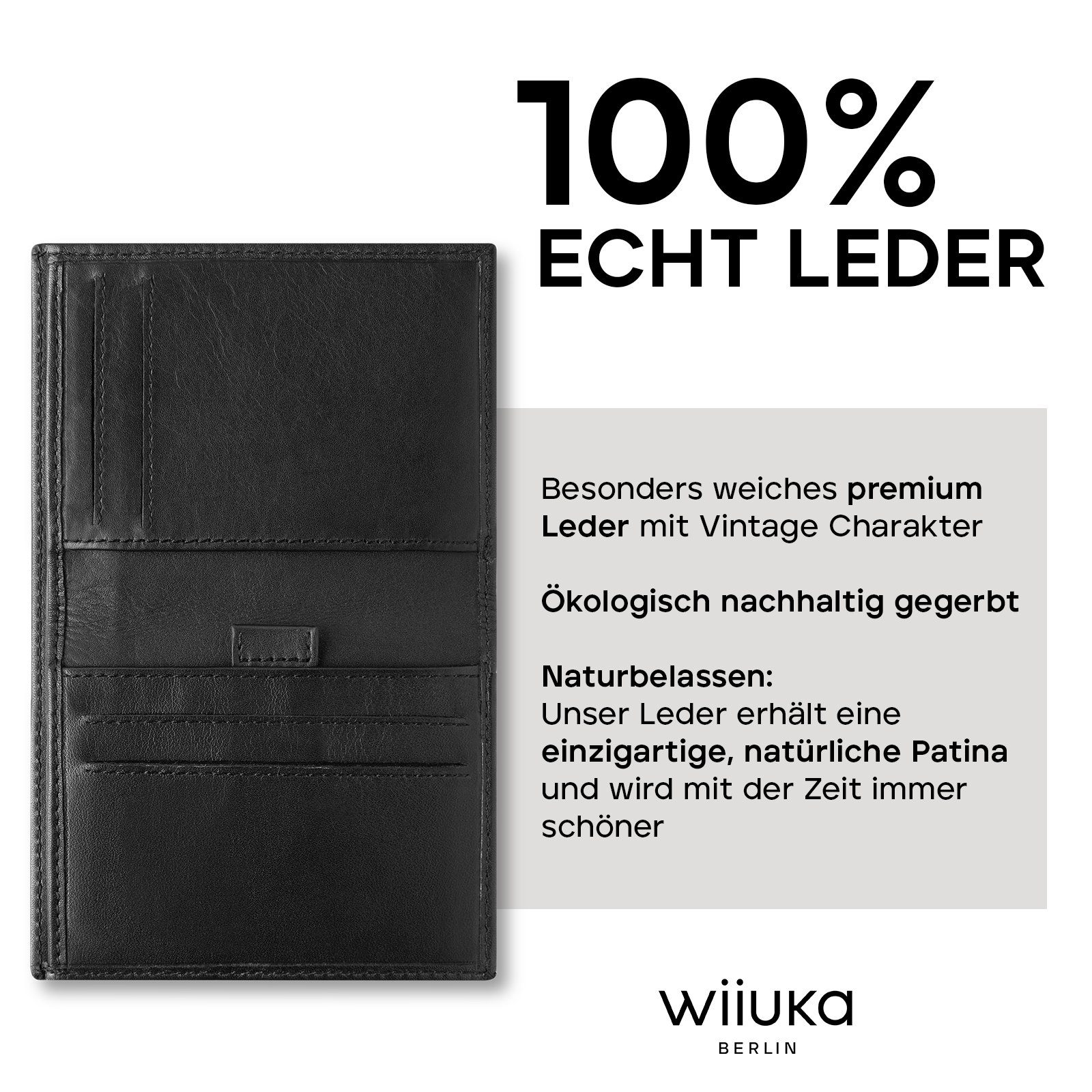 ohne Handgefertigt Brieftasche wiiuka - Geldbörse Herren, für Qualität Leder, Schwarz Echt moneii Portemonnaie Münzfach Premium