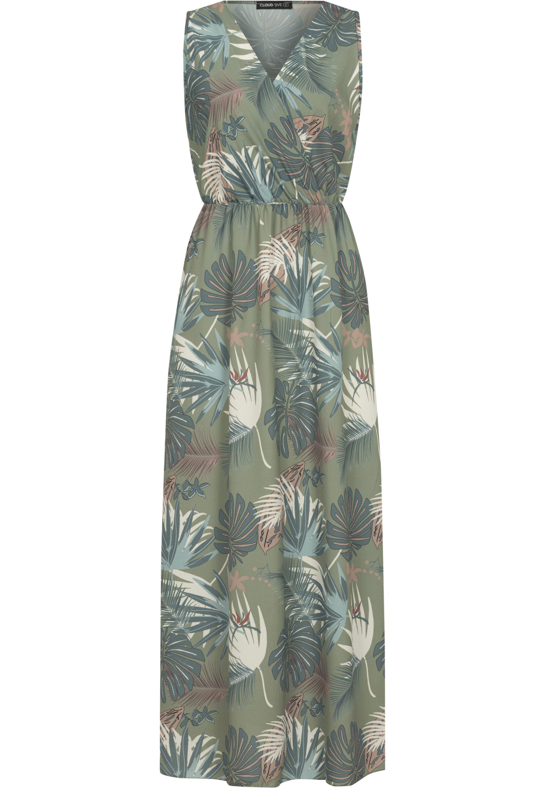 CLOUD 5IVE Shirtkleid CLOUD 5IVE Maxi Kleid in Wickeloptik mit Tropical All Over Print (1-tlg)