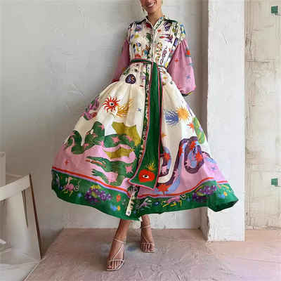 RUZU UG Дирндль Lockeres, langärmliges, plissiertes Kleid im Retro-Palast-Stil Print