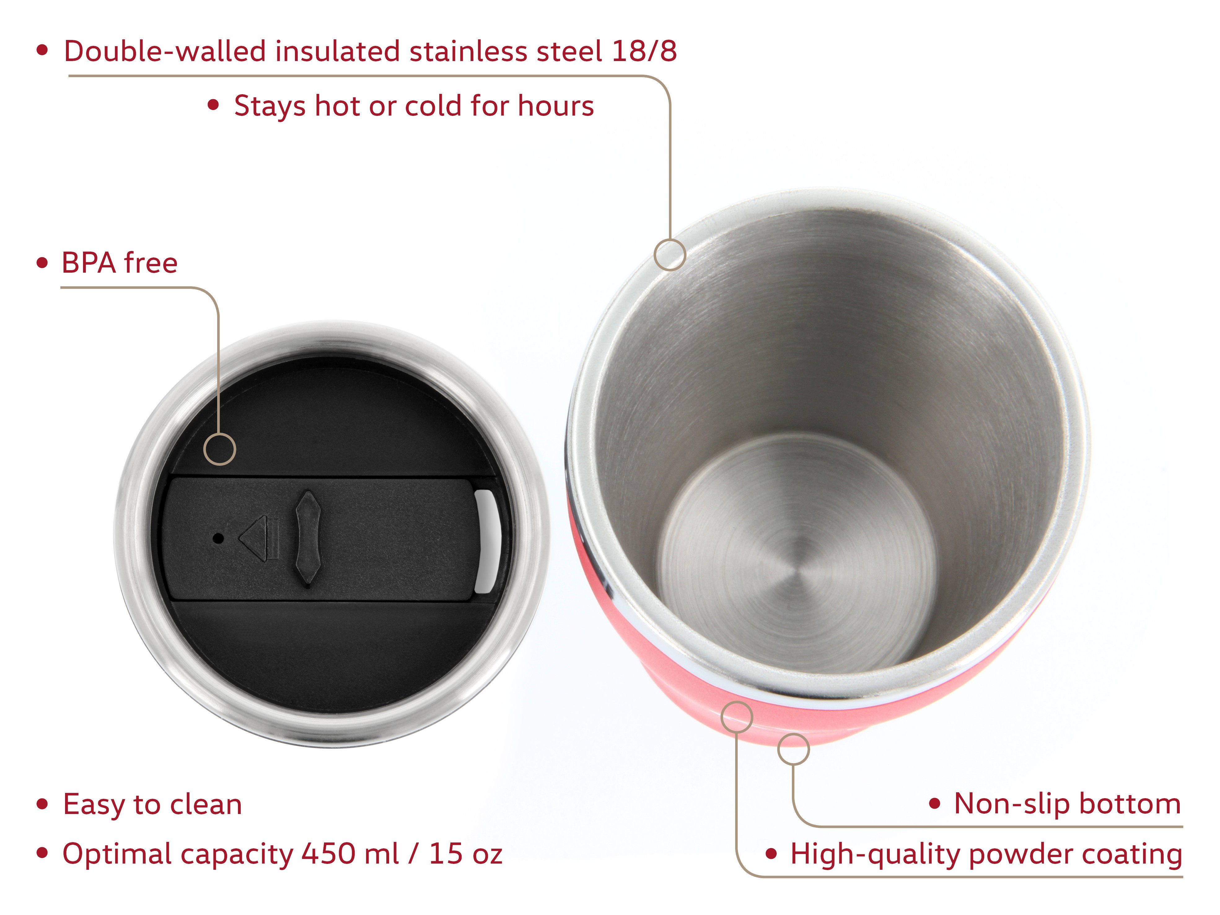 VW Collection by BRISA Coffee-to-go-Becher Volkswagen Isolierter-Edelstahl Thermobecher, Edelstahl, Stilvoller roter Travel Mug mit VW Logo, 450ml