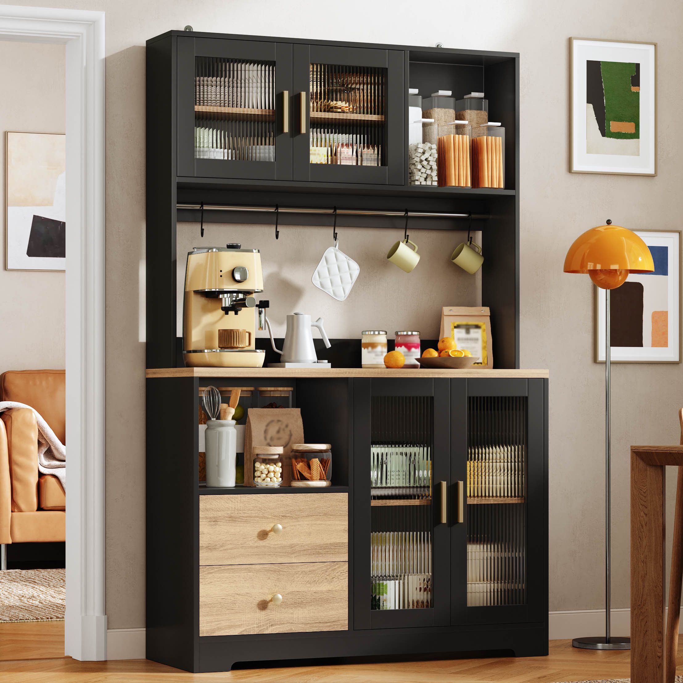 Flieks Küchenbuffet Hochschrank mit Arbeitsplatte in Holzoptik, Steckdose, LED-Beleuchtung (B110/T40/H178 cm, 1-St., Multifunktionsschrank mit Haken, Ladenfunkt – Bild 4 von 5