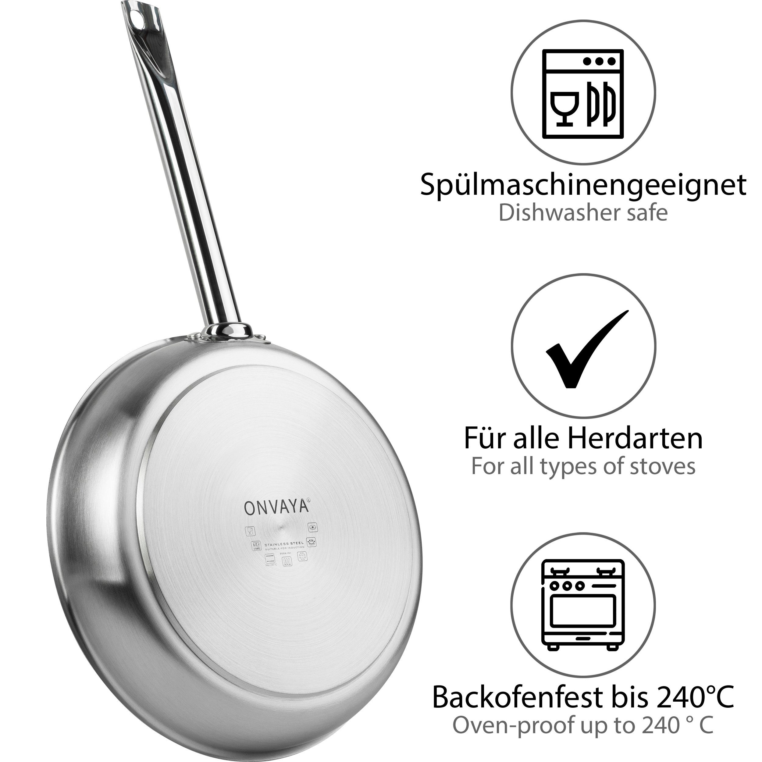 ONVAYA Bratpfanne Edelstahlpfanne, Wok, Bratpfanne, Induktion, Edelstahl
