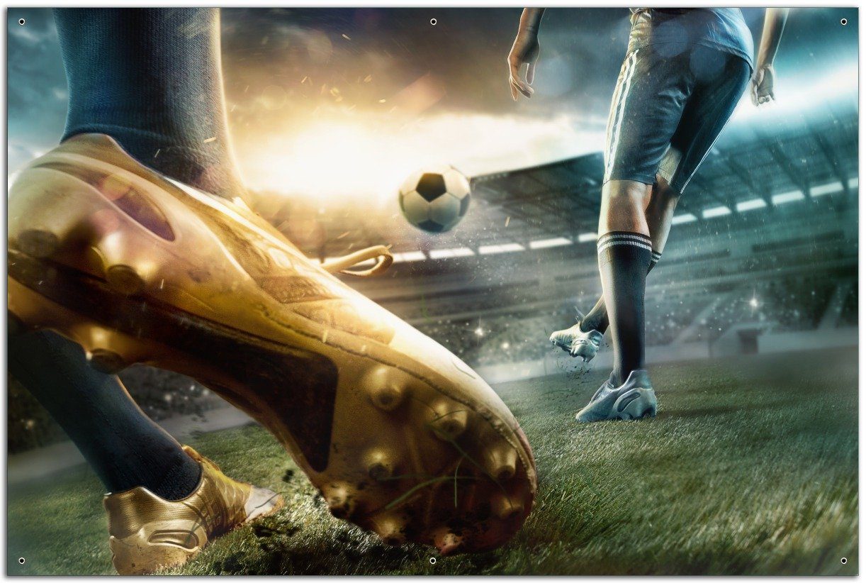 Wallario Sichtschutzzaunmatten Fußball Goldschuh auf dem Feld