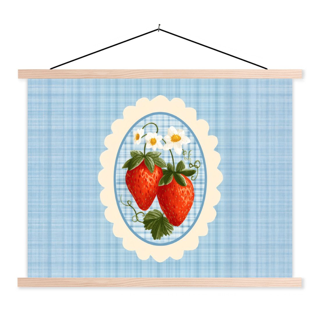 MuchoWow Poster Erdbeeren - Rahmen - Rot - Kariert, (1 St), Posterleiste, Textilposter für Wohnzimmer, Bilderleiste, 40x30 cm