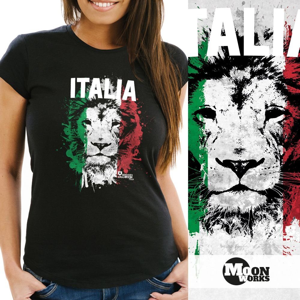 MoonWorks Print-Shirt Damen T-Shirt Fanshirt Italien Löwe Flagge Fußball EM WM Italy mit Print