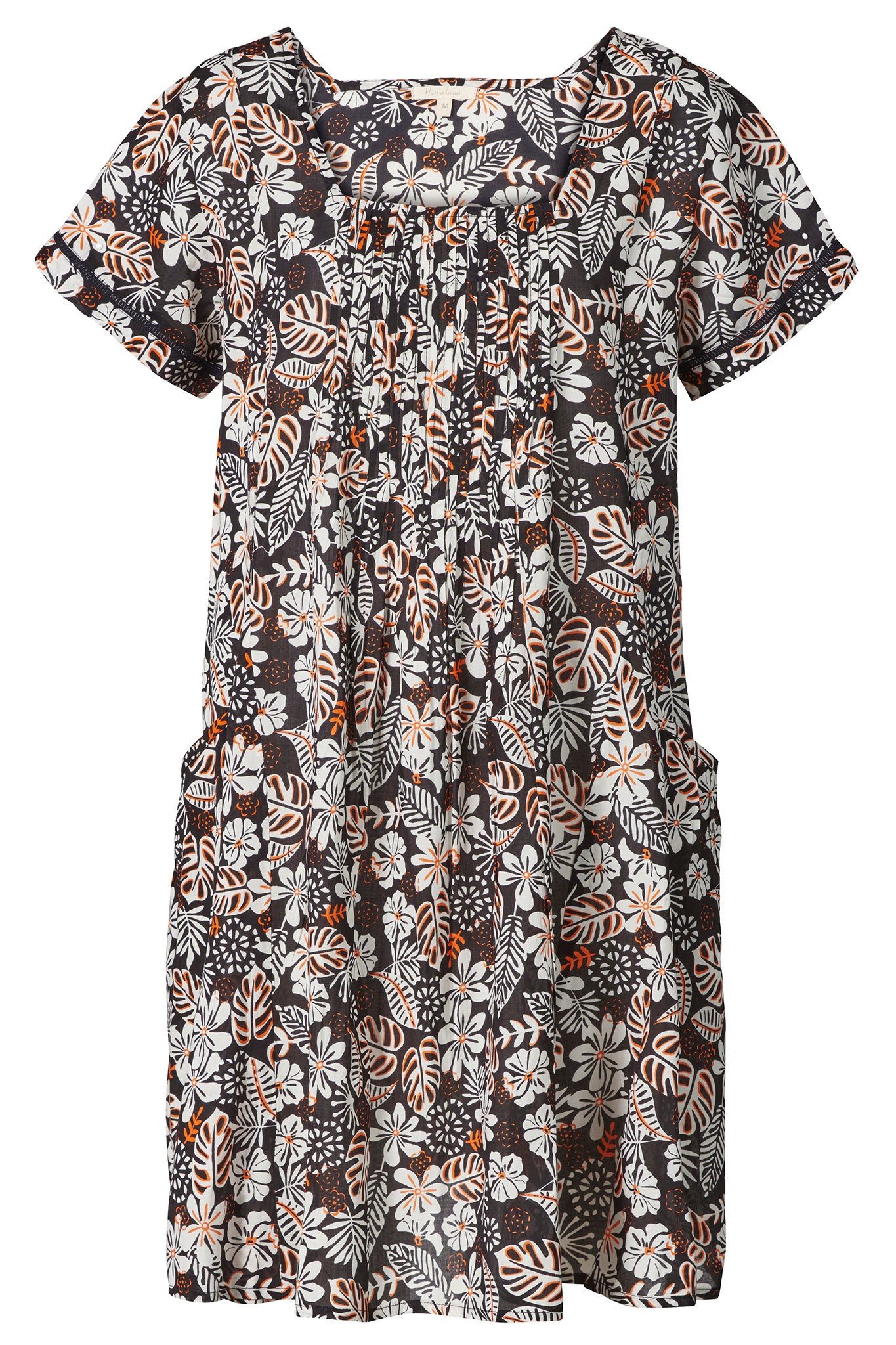 Tunika Damen Bluse mit Blattmotiv und dekorativen Biesen - Sommer Tunika lang