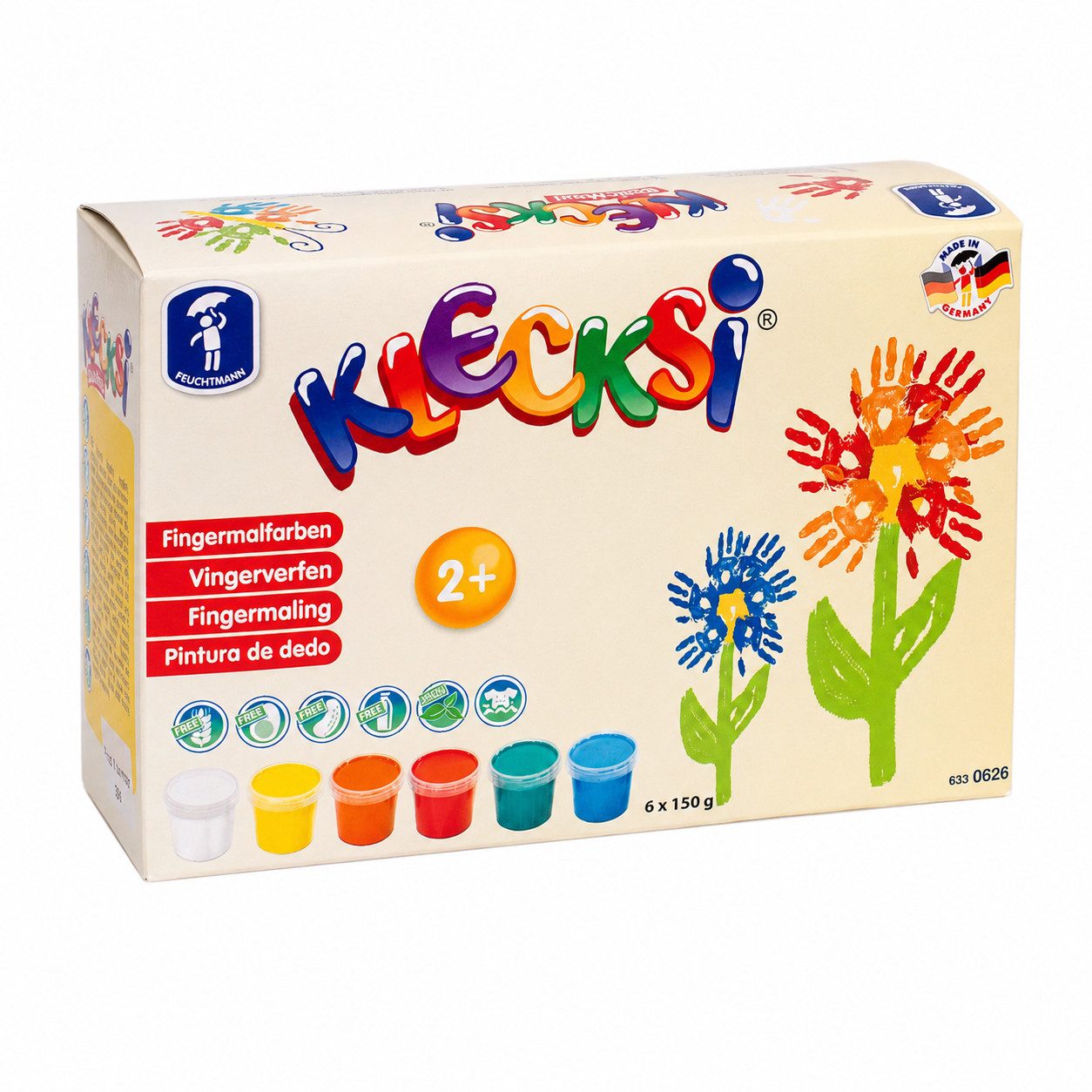 Feuchtmann Fingerfarbe KLECKSi Basic Maxi, 6 x 150g hautfreundliche Fingermalfarbe für Kinder