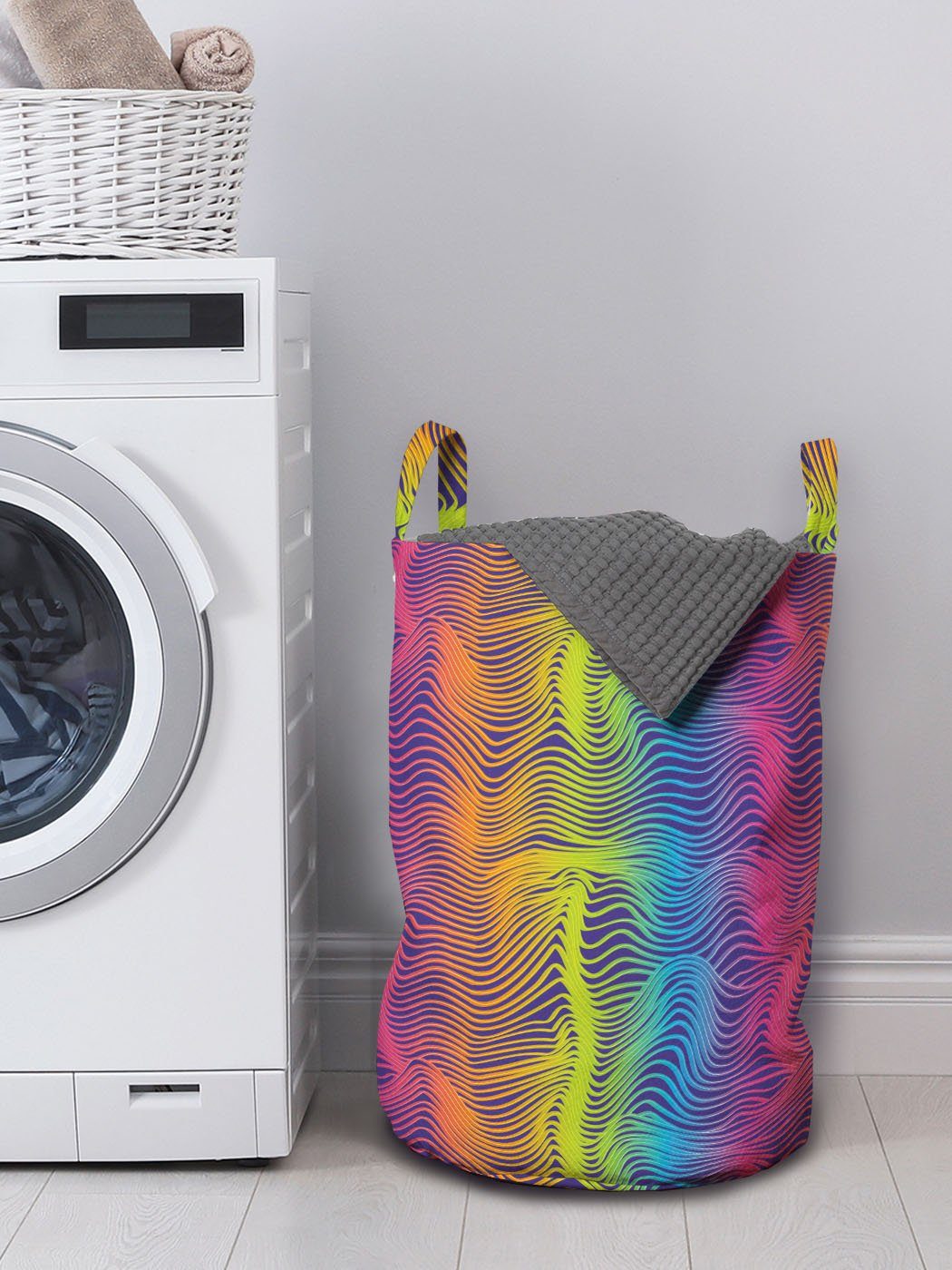 Abakuhaus Wäschesäckchen Wäschekorb mit Griffen Bunt Waschsalons, Moderne Kordelzugverschluss für Regenbogen-Töne Waves