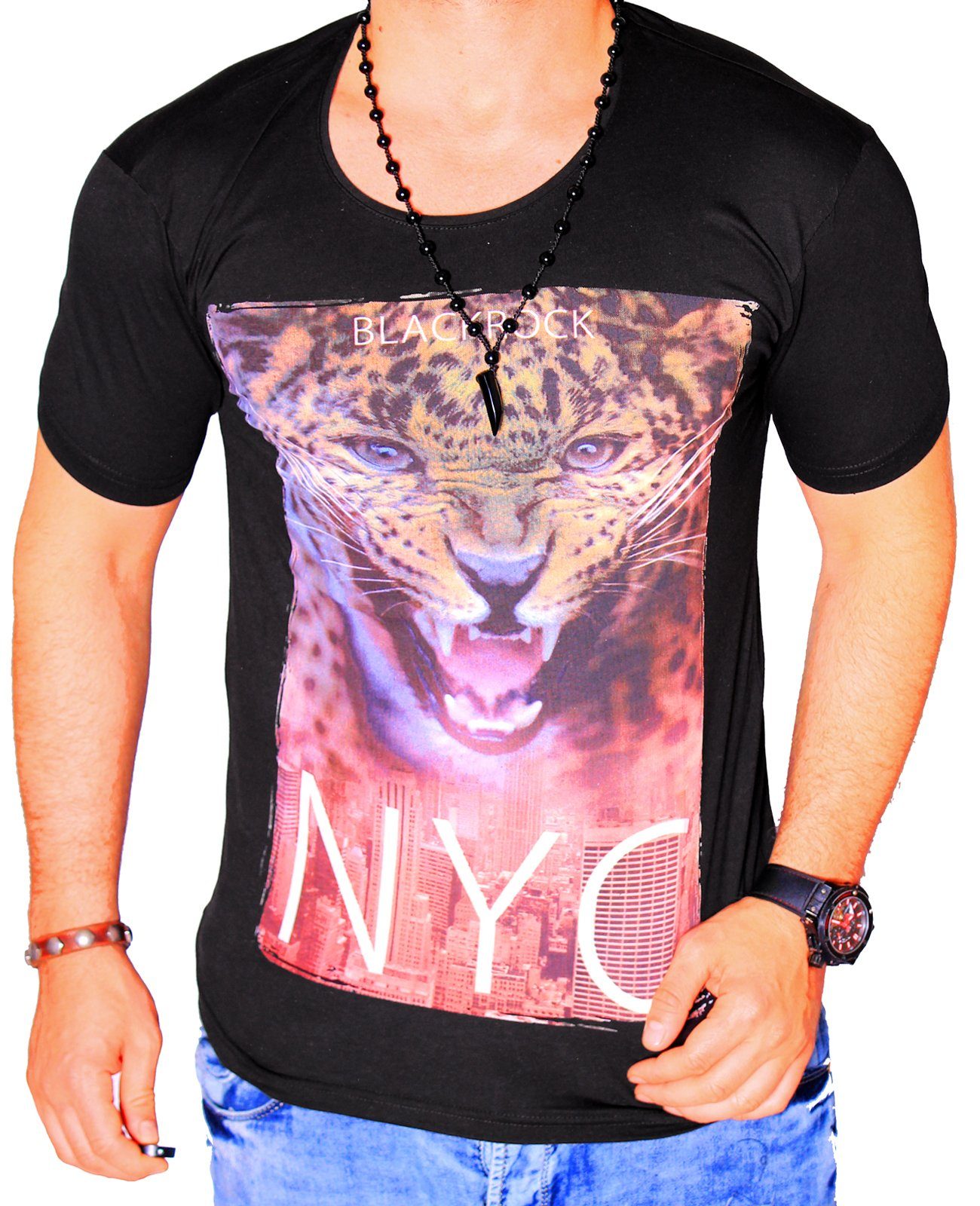 BLACKROCK T-Shirt T-Shirt Urlaub Leopard Tiger kurzarm Rundhals bedruckt Slim-Fit Schwarz