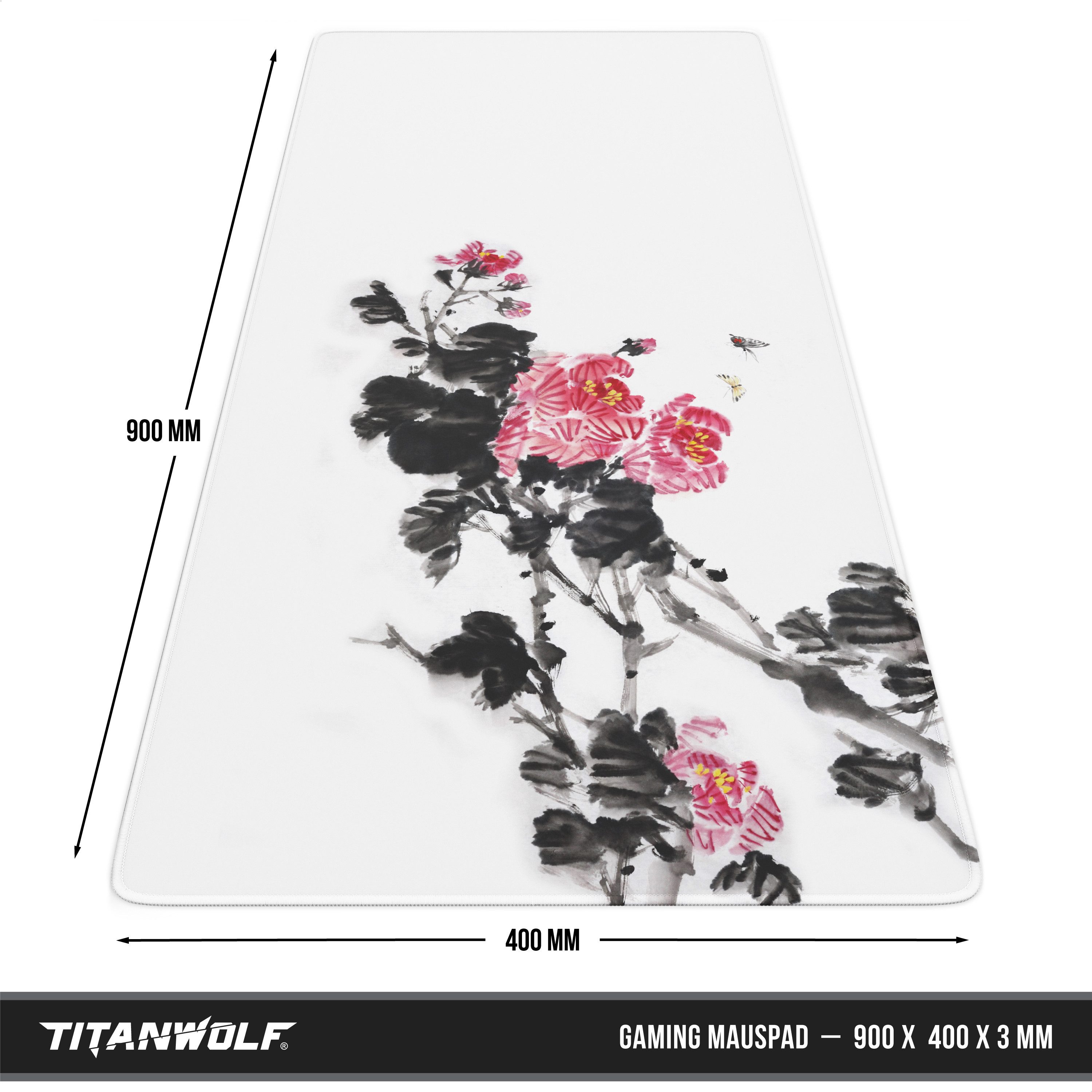 Titanwolf Gaming Mauspad XXL Speed Mousepad 900 x 400 x 3 mm, Schreibtischauflage, abwaschbar, rutschfeste Rückseite, Geschwindigkeit & Präzision, Sumi-e Flower