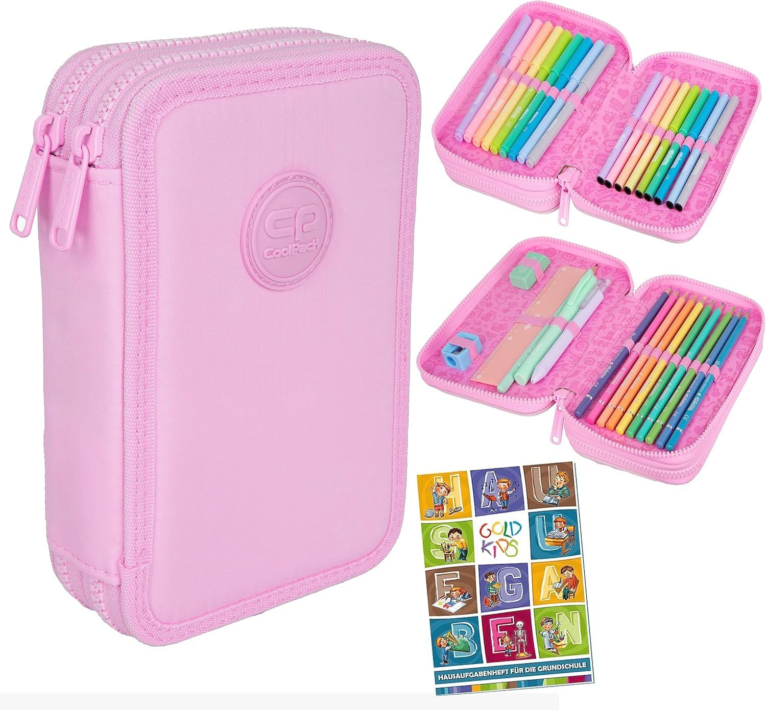 GOLDKIDS Federmäppchen COOLPACK 2-fache Federtasche Federmappe, (34-teilig Schüleretui Stifte und Pinsel, inkl. Aufgabenheft Federbox Etui), Stiftetasche Schlamper-Etui Schul-Etui