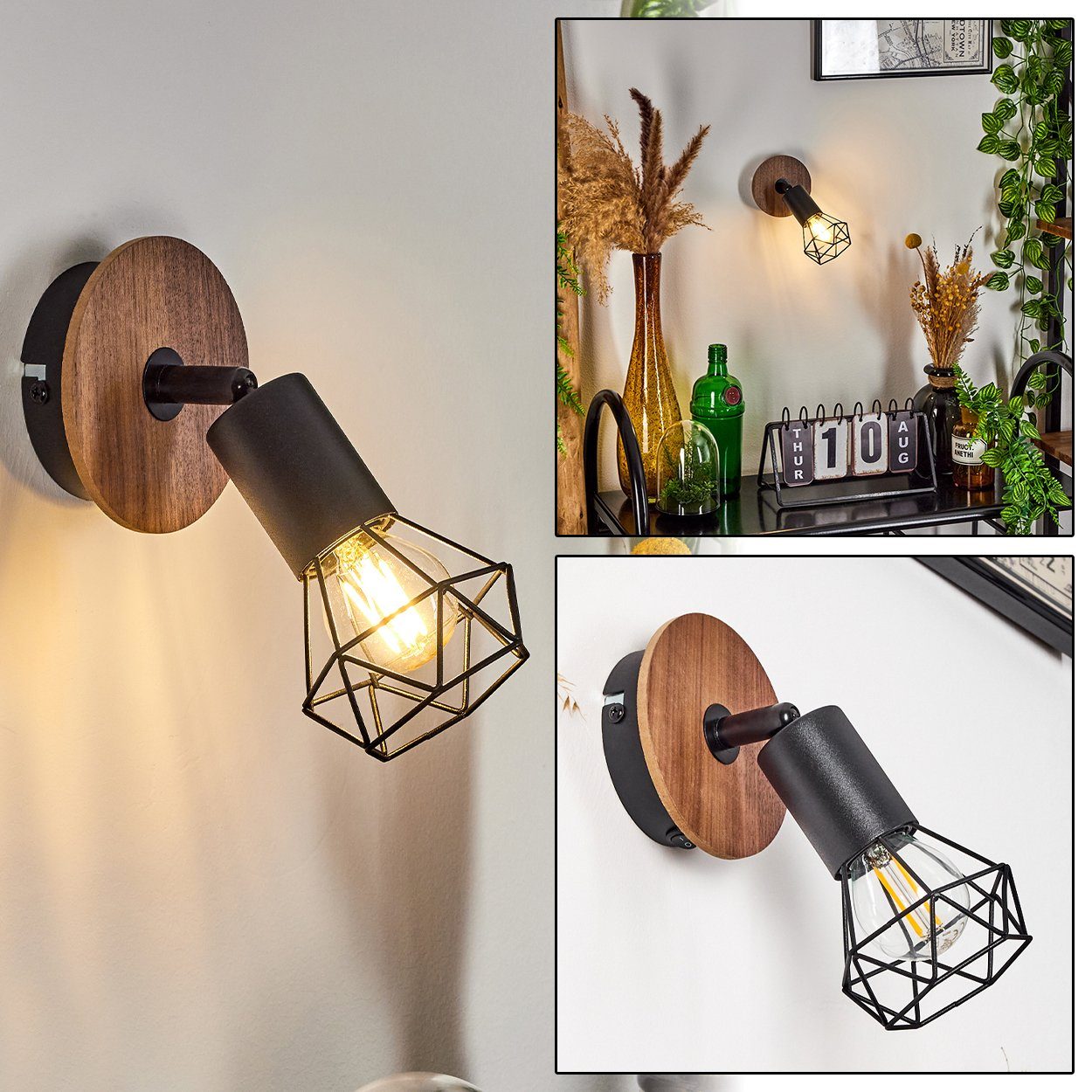 Spot An-/Ausschalter, Wandlampe Metall/Holz Leuchtmittel, in dreh-/schwenkbar, »Borio« Lichteffekt, E14 Schwarz/Braun, hofstein 1-flammige Wandleuchte Gitterschirm, aus ohne