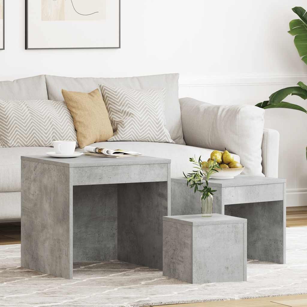 furnicato Satztisch Beistelltisch-Set Betongrau 45x45x45 cm, 35x35x35 cm, 24x24x24 cm (3-St), Stapelbare Satztische aus Massivholz mit Stauraum für das Wohnzimmer
