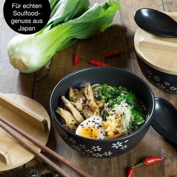 Moritz & Moritz Suppenschüssel 2er Set Ramen mit Blumen schwarz inklusive Deckel und Löffel, Keramik, (2 Personen, 10-tlg), Ramen Bowl Set