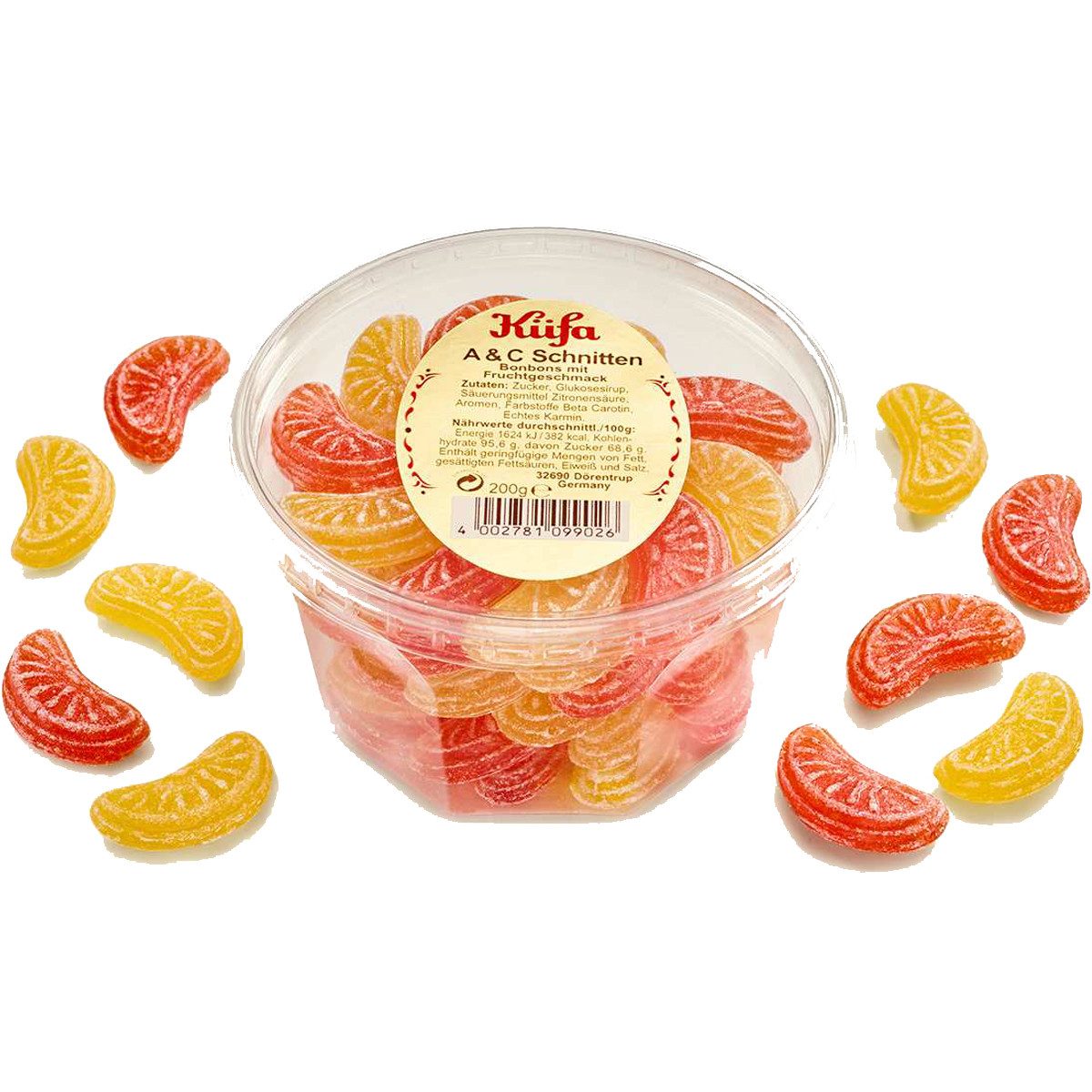 KUEFA Süßigkeit, Küfa A und C Schnitten Fruchtbonbons mit Orange und Zitrone 200g