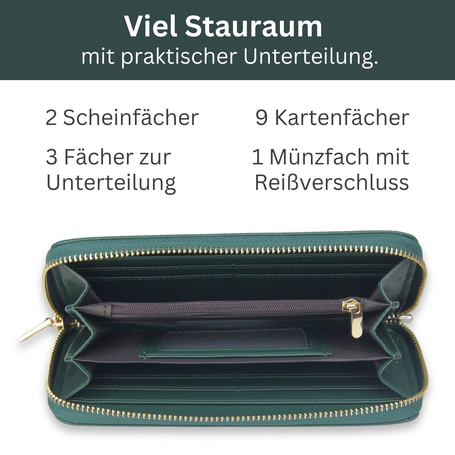 Frentree Geldbörse Damen Portemonnaie mit Rundum-Reißverschluss, 9 Karten, Handyfach, mit 3 große Fächer und RFID-Schutz,inkl. Geschenkbox