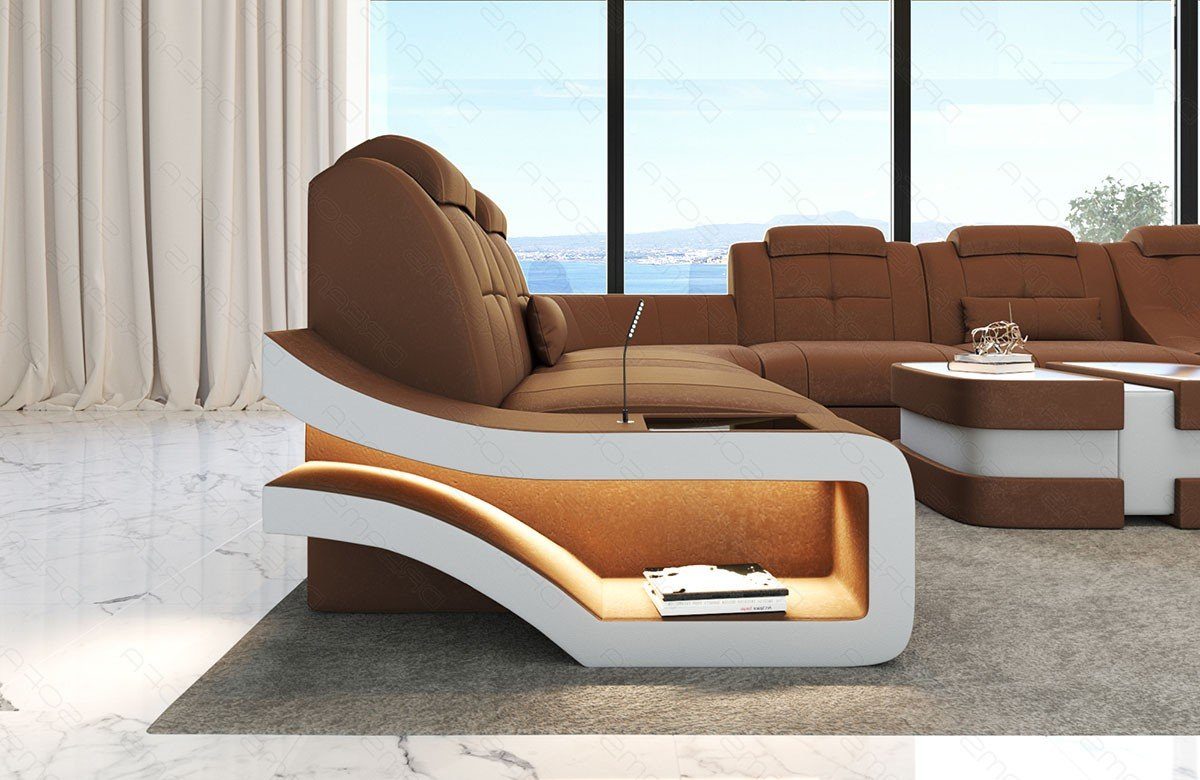 Sofa Couch Bettfunktion Elegante A Polster Form Stoff Wohnlandschaft XXL Stoffsofa, Sofa Dreams caramel-weiß mit wahlweise