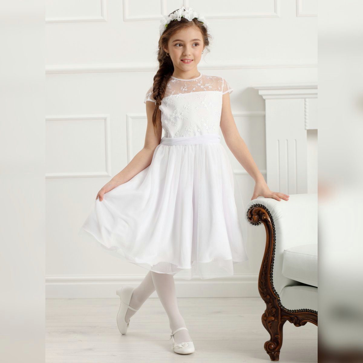 Dalary Tüllkleid Blumenmädchenkleid Kommunionkleid Dalary DK-116 Weiß