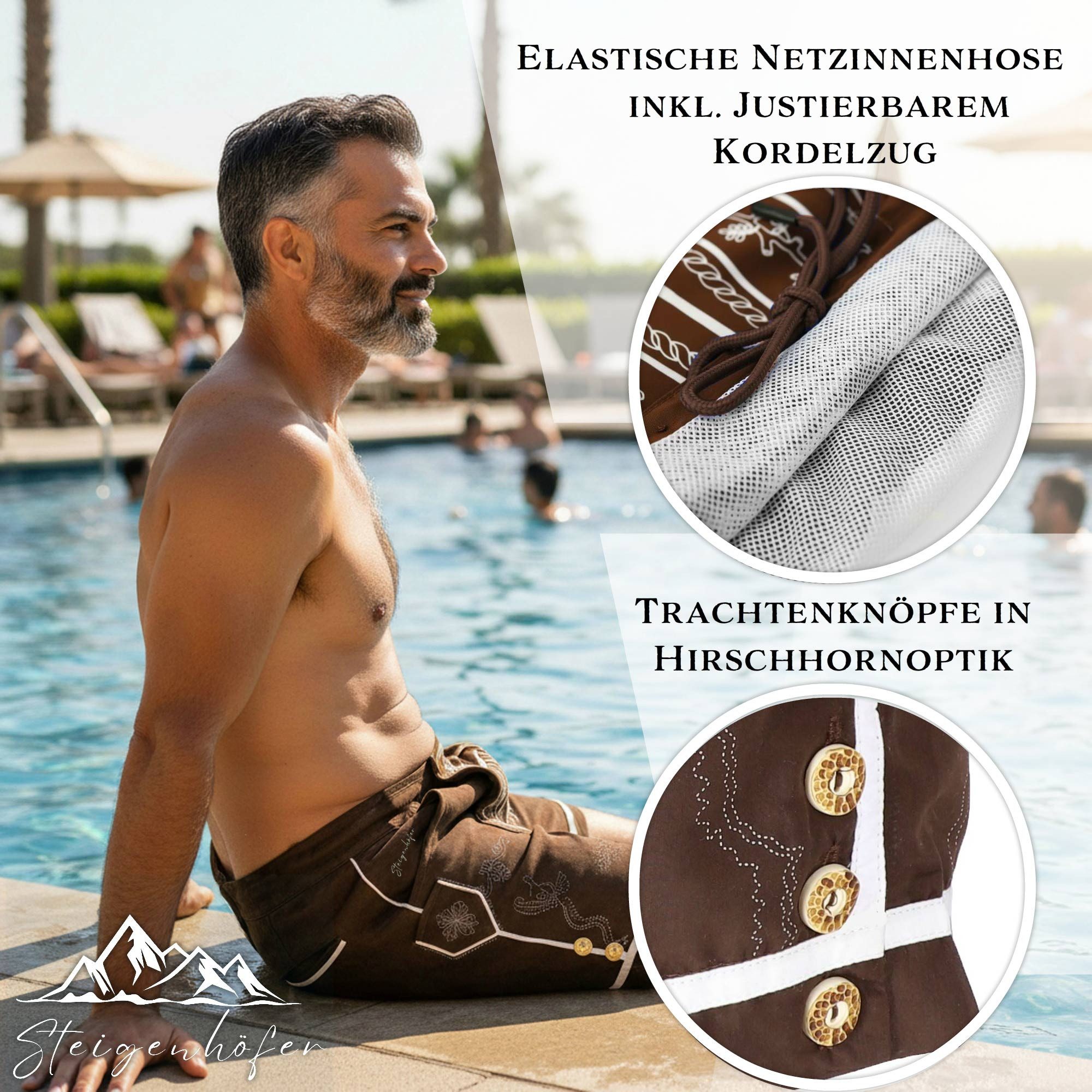 Steigenhöfer Manufaktur Trachtenhose Badehose Herren - Xaver - Lederhosen Look - Trachten Badehose Bequem mit Netzinnenhose - Umklappbarer Latz - Badeshorts mit – Bild 4 von 5
