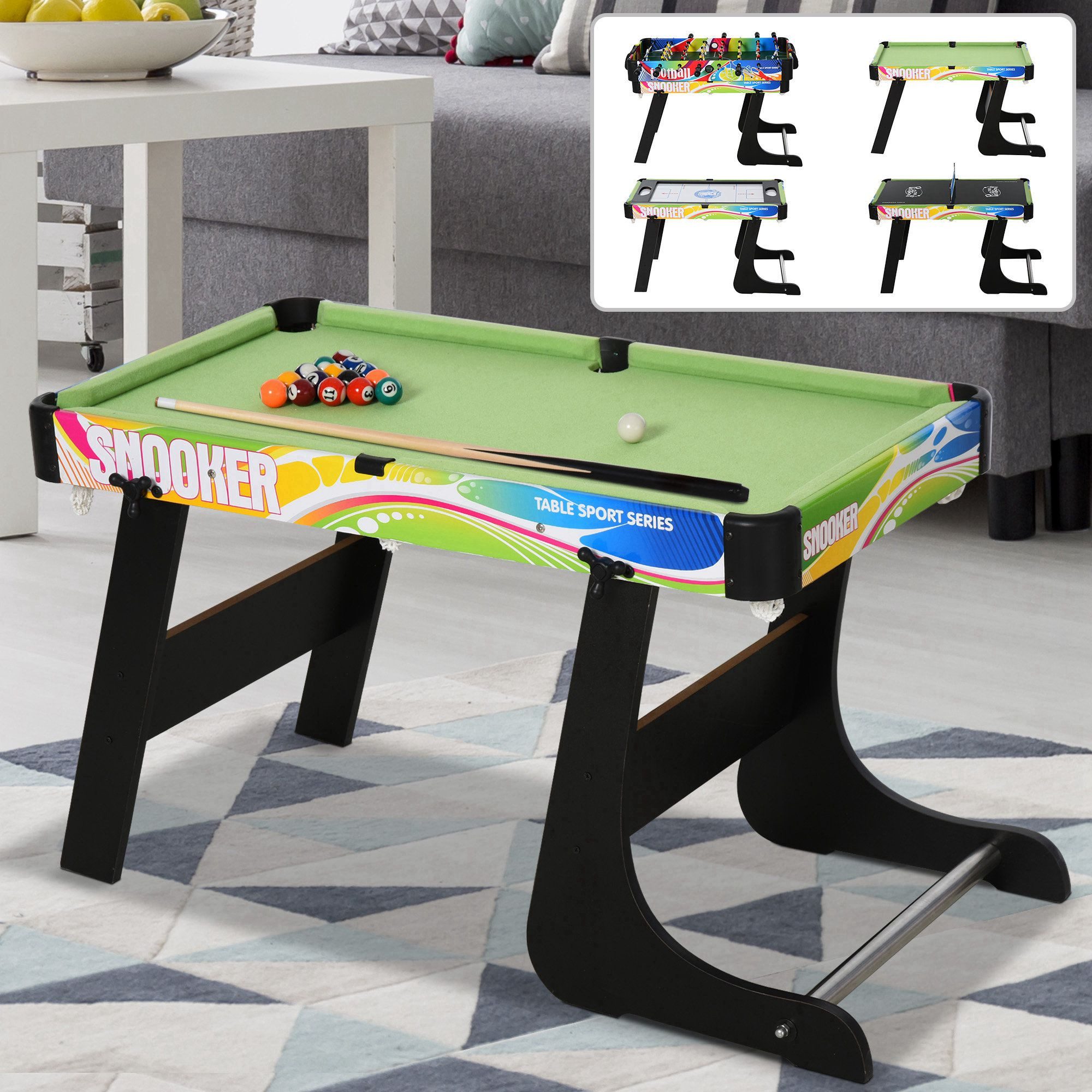 HOMCOM Spieltisch mit Tischtennis, Billardtisch, Tischfußball, Hockey, (klappbar Multifunktionstisch, 1-tlg), für Spielzimmer Bars Partys für Jugendliche Erwachsene