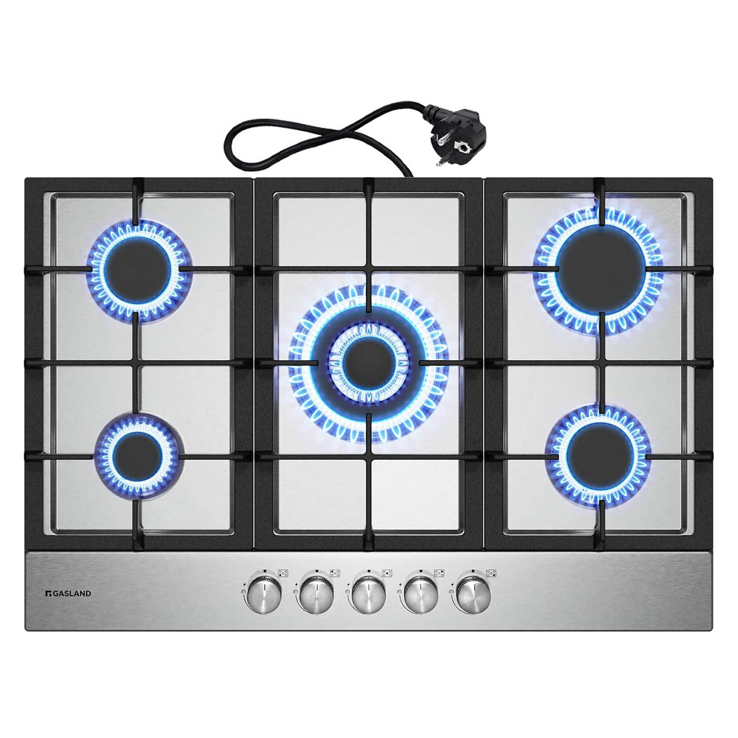 GASLAND Gas-Kochfeld GH2705SS1FC, 76 cm Einbau Gaskochfeld mit Wok Brenner 5 Flammig, LPG/Erdgas, 10400W