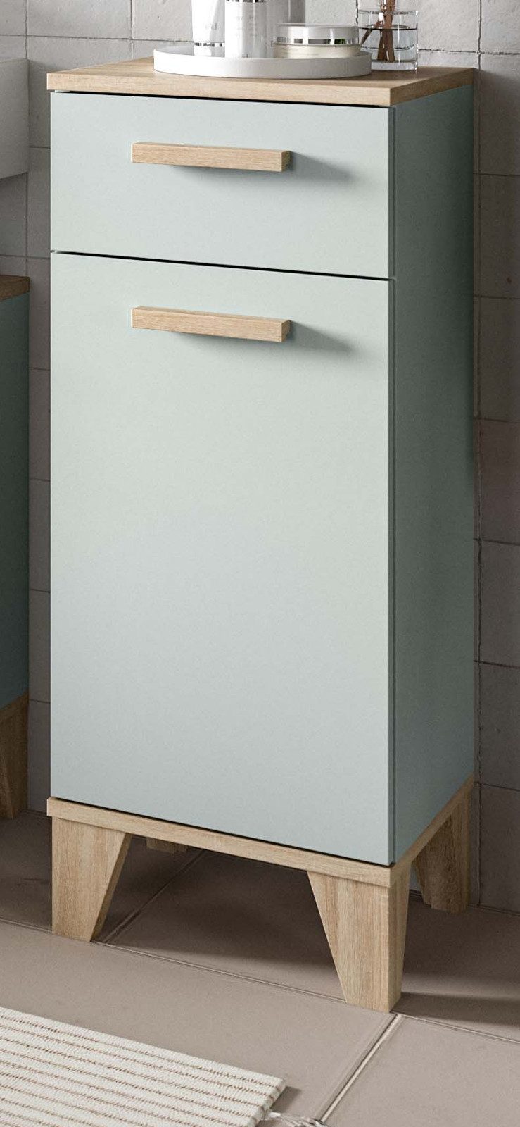 Inn.Furn Badkommode Luna (Badschrank in hellem Grün mit Eiche, 34 x 87 cm), mit Vollauszug
