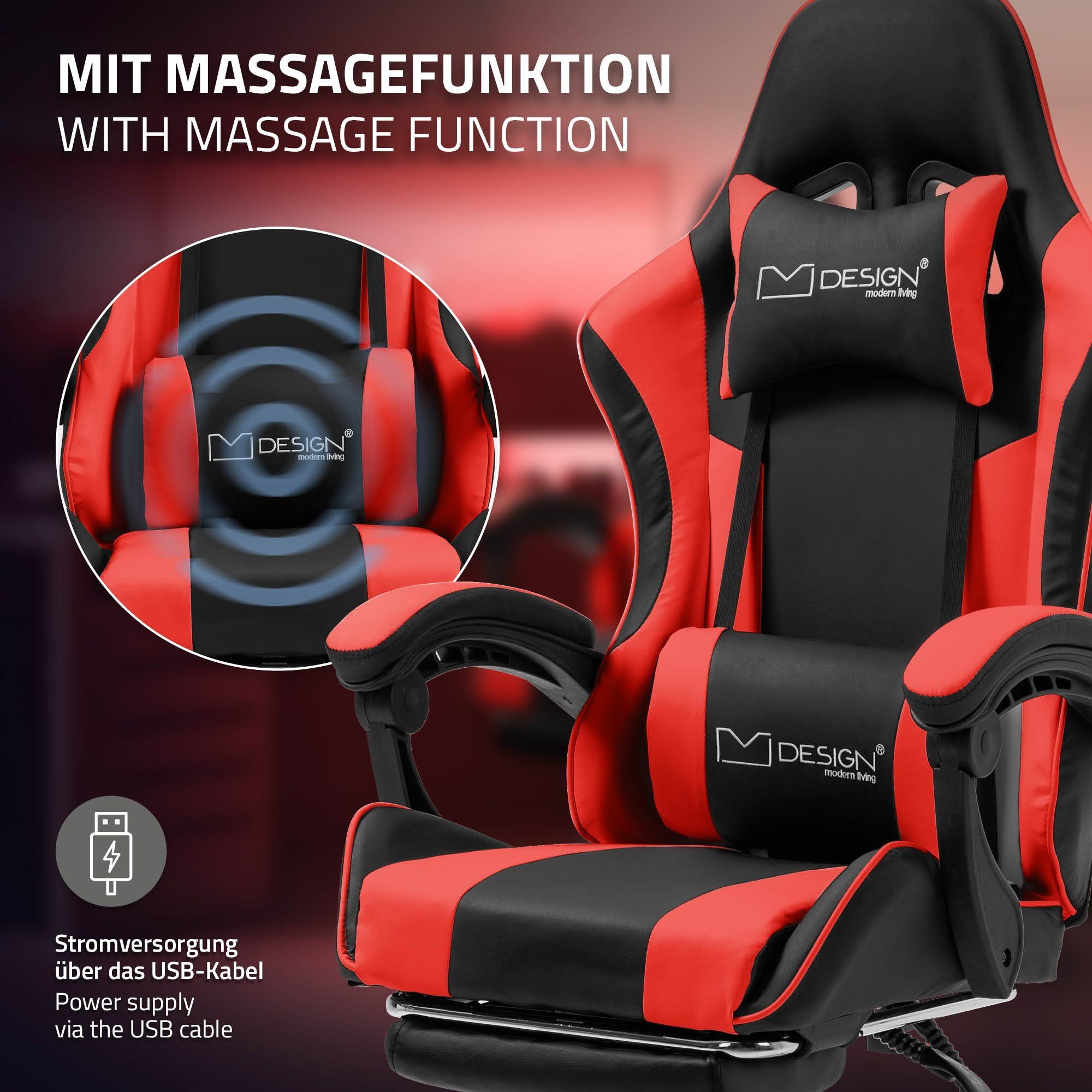 ML-DESIGN Gaming-Stuhl Massage Gamingstuhl Kopfstütze, Lendenkissen, mit verstellbar, Rot Gamer PU-Leder, Armlehne, Racing Fußstütze Stuhl aus Bürostuhl