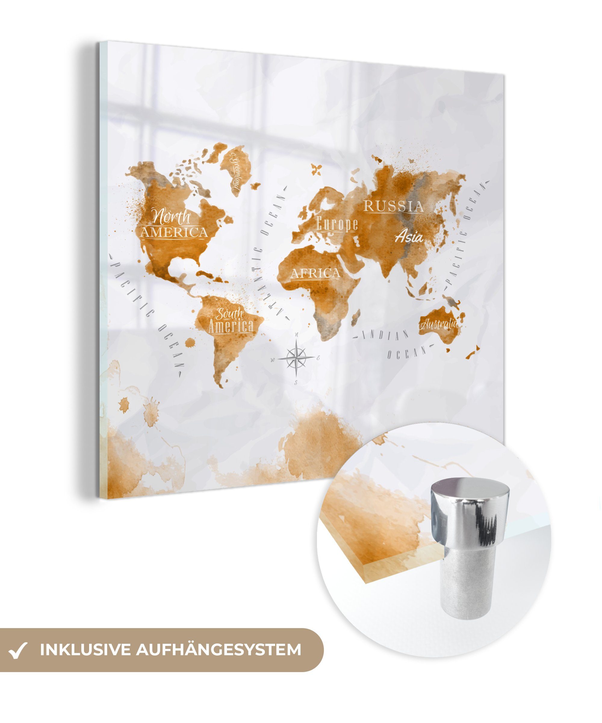 MuchoWow Acrylglasbild Karte - Gold - Welt, (1 St), Glasbilder - Bilder auf Glas Wandbild - Foto auf Glas - Wanddekoration