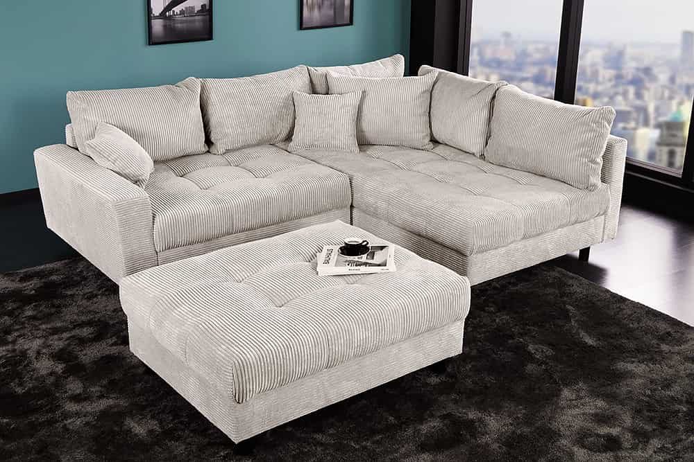 riess-ambiente Ecksofa KENT 220cm beige schwarz - Cord, L-Form, Federkern, FSC-zertifiziert, Einzelartikel 1 Teile, Moderne Wohnlandschaft inkl. Hocker - ideal für Wohnzimmer u. Familien