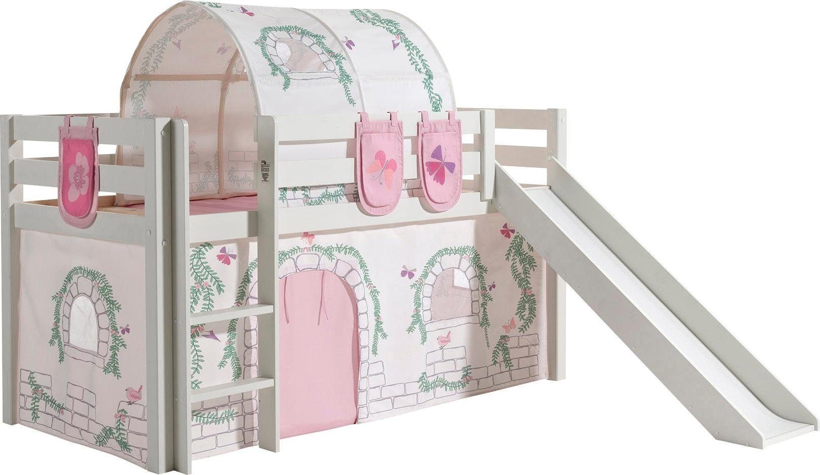 Vipack Hochbett Pino, Spielbett massiv Kiefer, stabil gebaut, 3 Korpusfarben zur Wahl (inkl. Rolllattenrost, Leiter und Absturzschutz, mit oder ohne Rutsche) Textil-Set "Astronaut", inkl. Vorhang, mit oder ohne Tunnel