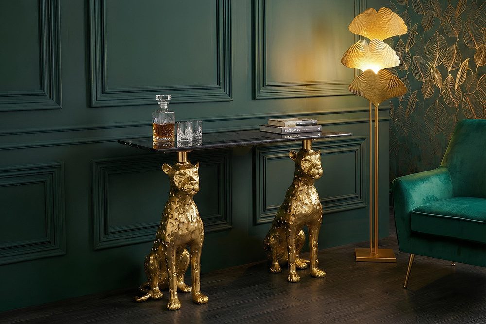 riess-ambiente Konsolentisch PANTHER 115cm gold/schwarz - Metall, Marmor, handmade, Deko-Skulptur (Einzelartikel, 1-St), Designer-Konsole mit Tier-Figuren – ideal für Flur oder Wohnzimmer