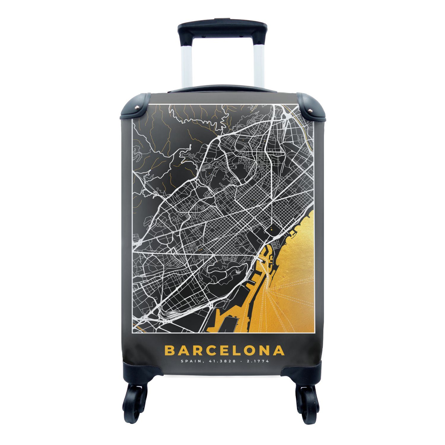 MuchoWow Handgepäckkoffer Barcelona - Stadtplan - Gold - Karte, 4 Rollen, Reisetasche mit rollen, Handgepäck für Ferien, Trolley, Reisekoffer
