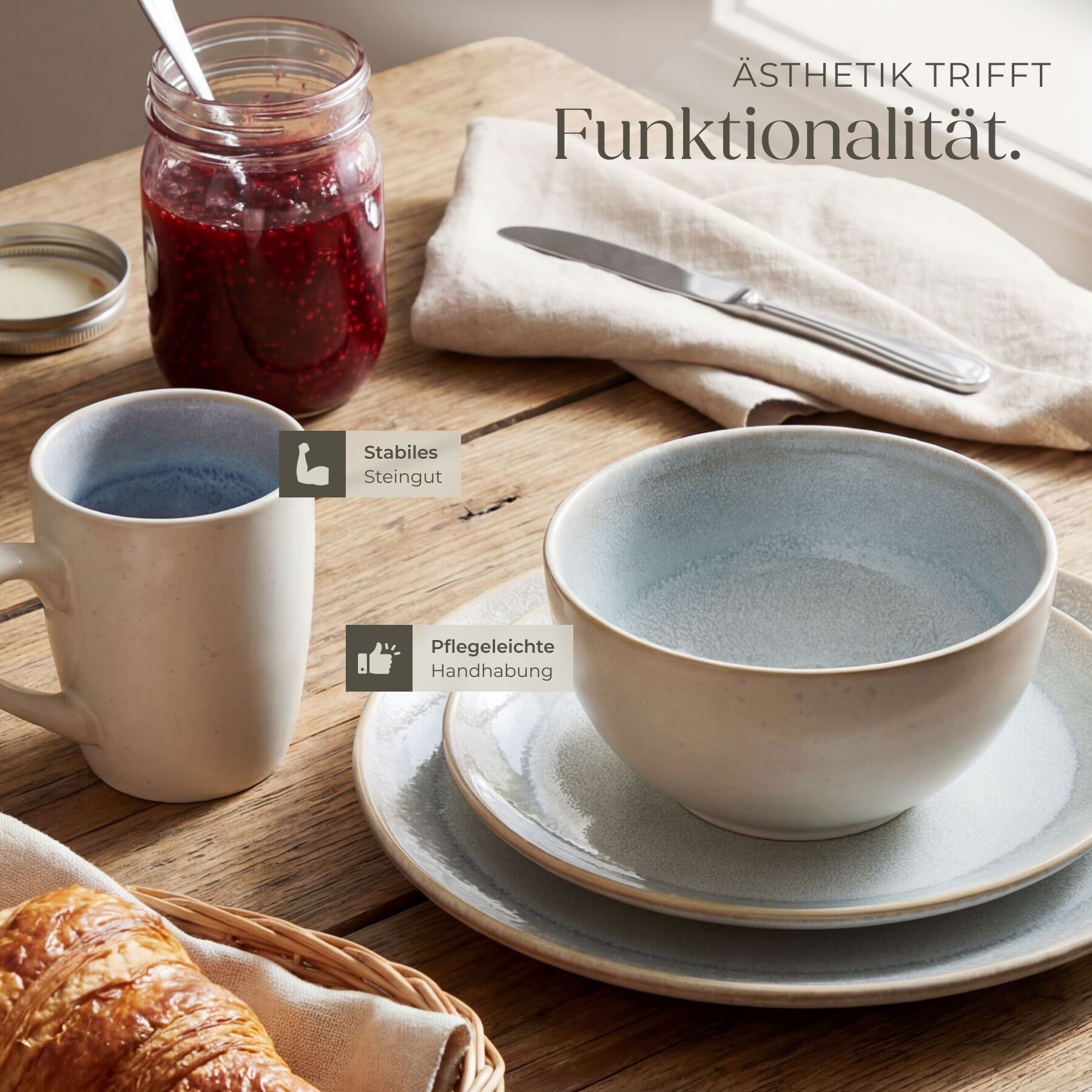 tectake Geschirr-Set Tafelservice aus Steingut für 6 Personen, ineinander stapelbar (30-tlg), 6 Personen, Steingut, handgefertigt, mit Glasur, spülmaschinen- un – Bild 4 von 5